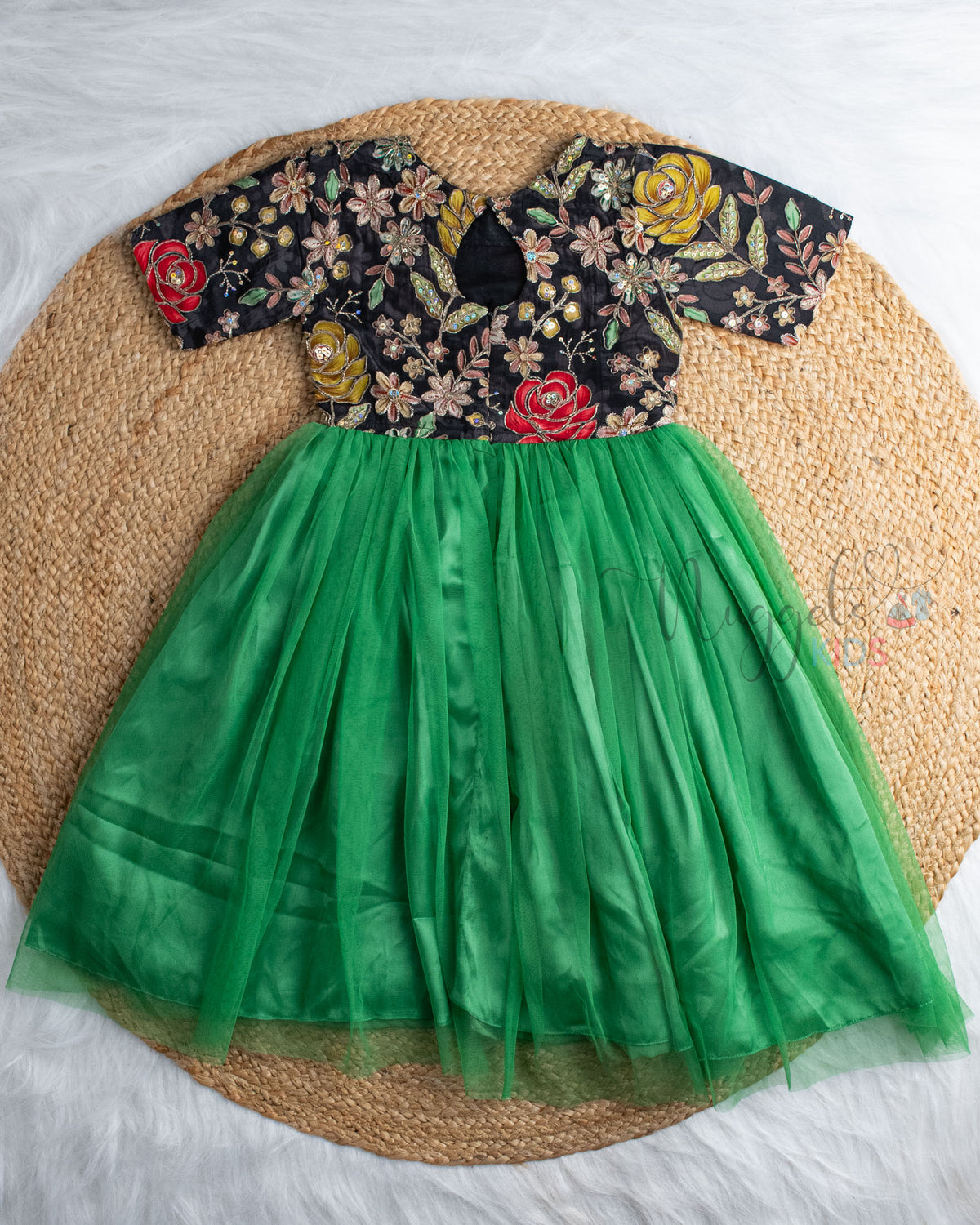 Ready to Ship: Black Designer Yoke Green Netted Gown With Elbow Sleeves