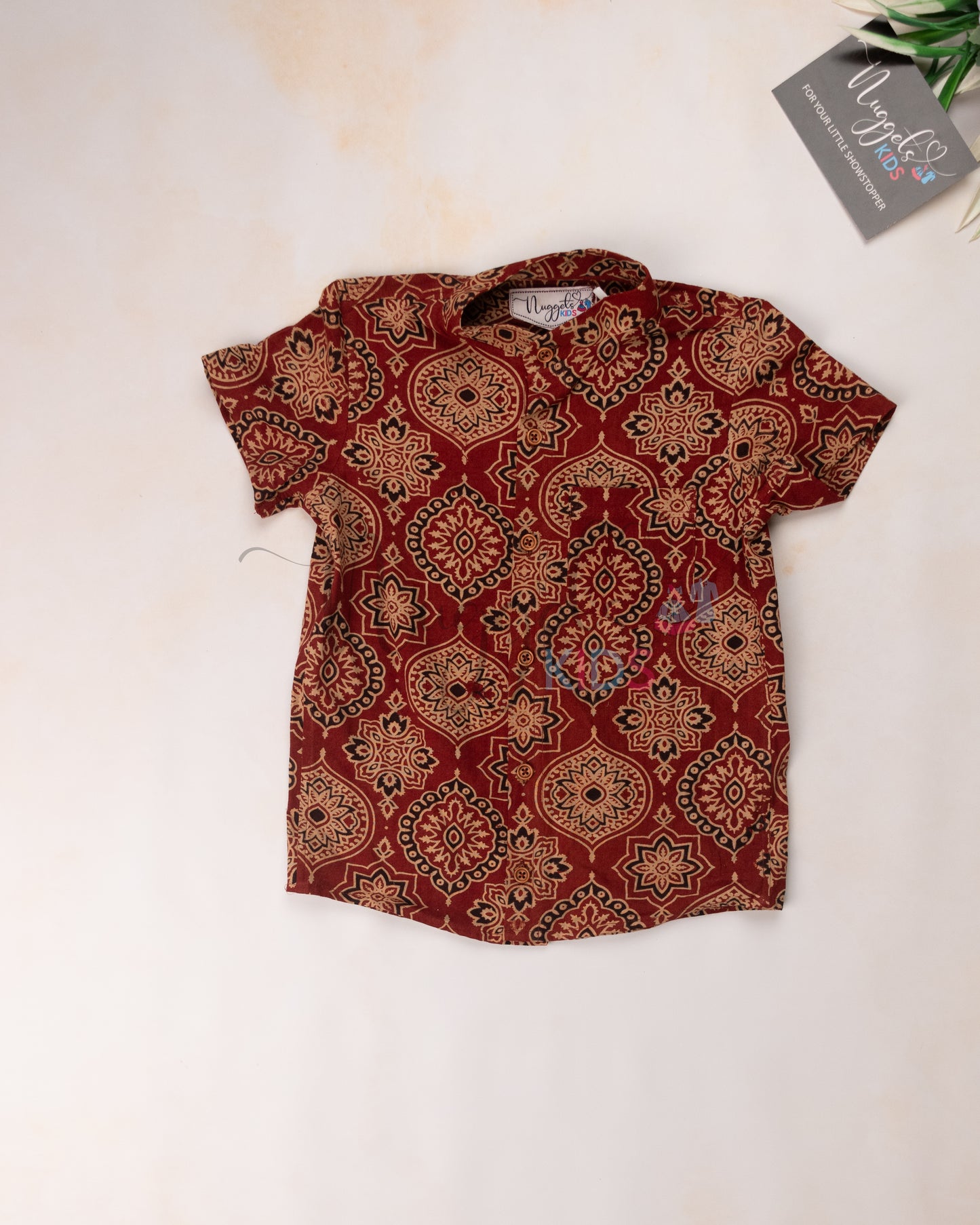 Ready to Ship: Ajrakh Shirt with Wooden button detailing and Front Pocket