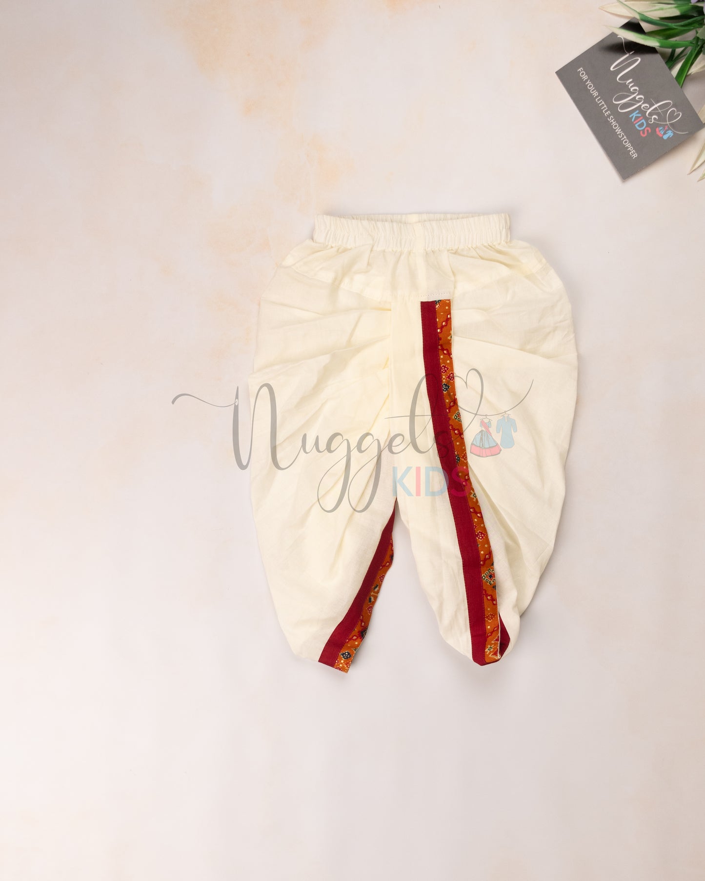 Ready to Ship: Foil Printed Patola Kurta with designer red taping and dhoti