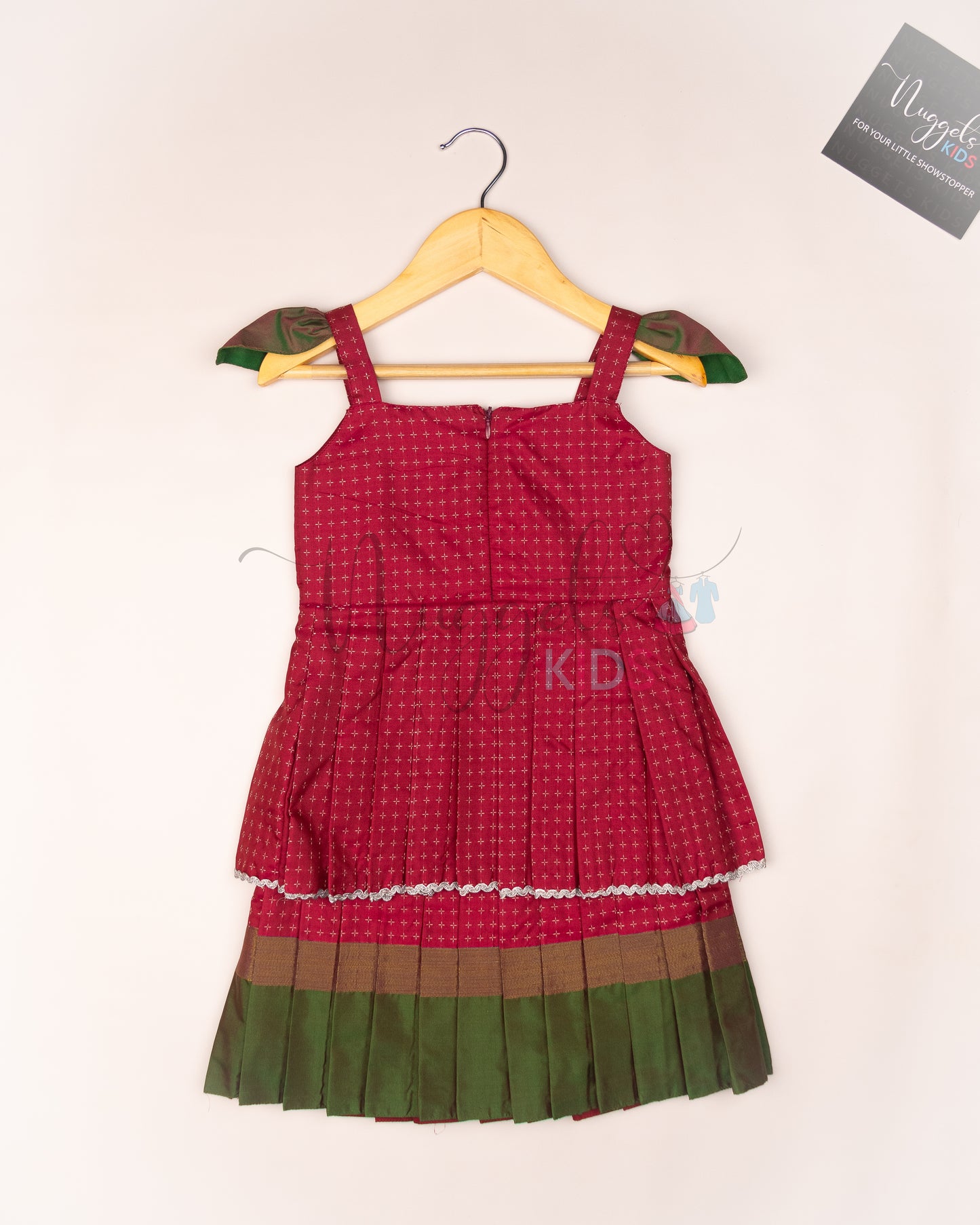 Ready to Ship: Maroon and Green Two layered semi silk with wing sleeves, potli buttons and lace detailing