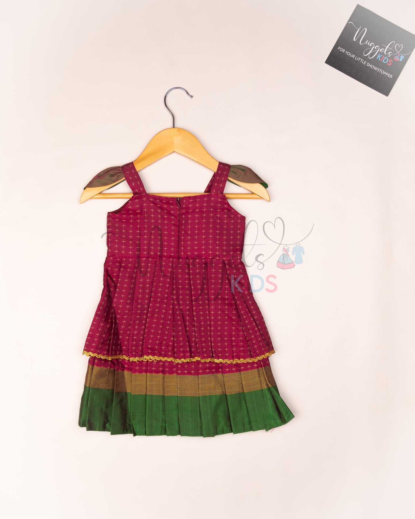 Ready to Ship: Beetroot and Green Two layered semi silk with wing sleeves, potli buttons and lace detailing