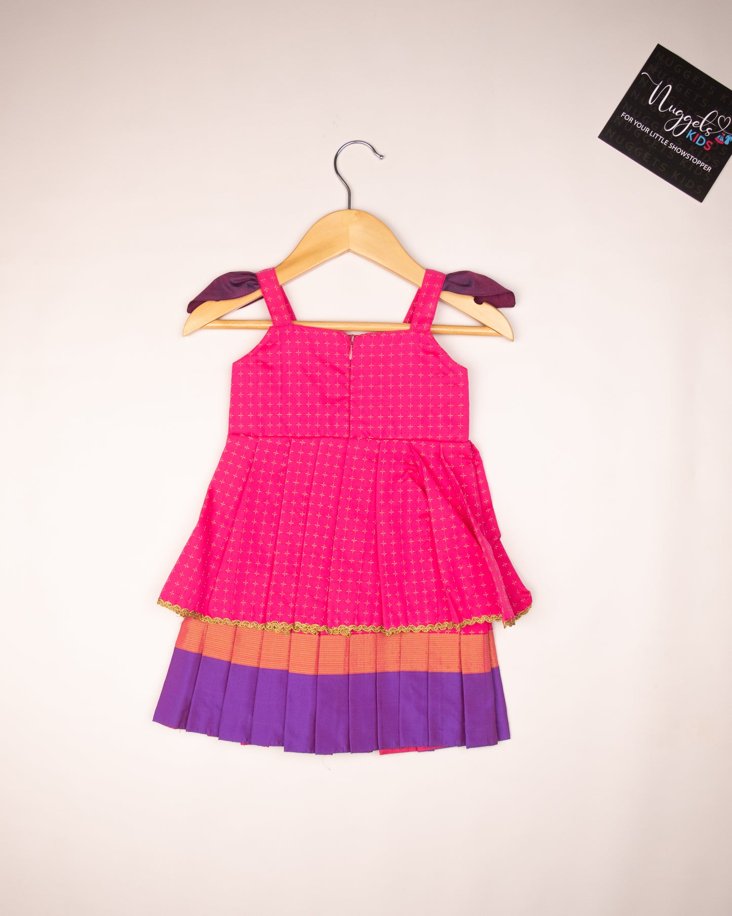 Ready to Ship: Candy Pink and Purple Two layered semi silk with wing sleeves, potli buttons and lace detailing