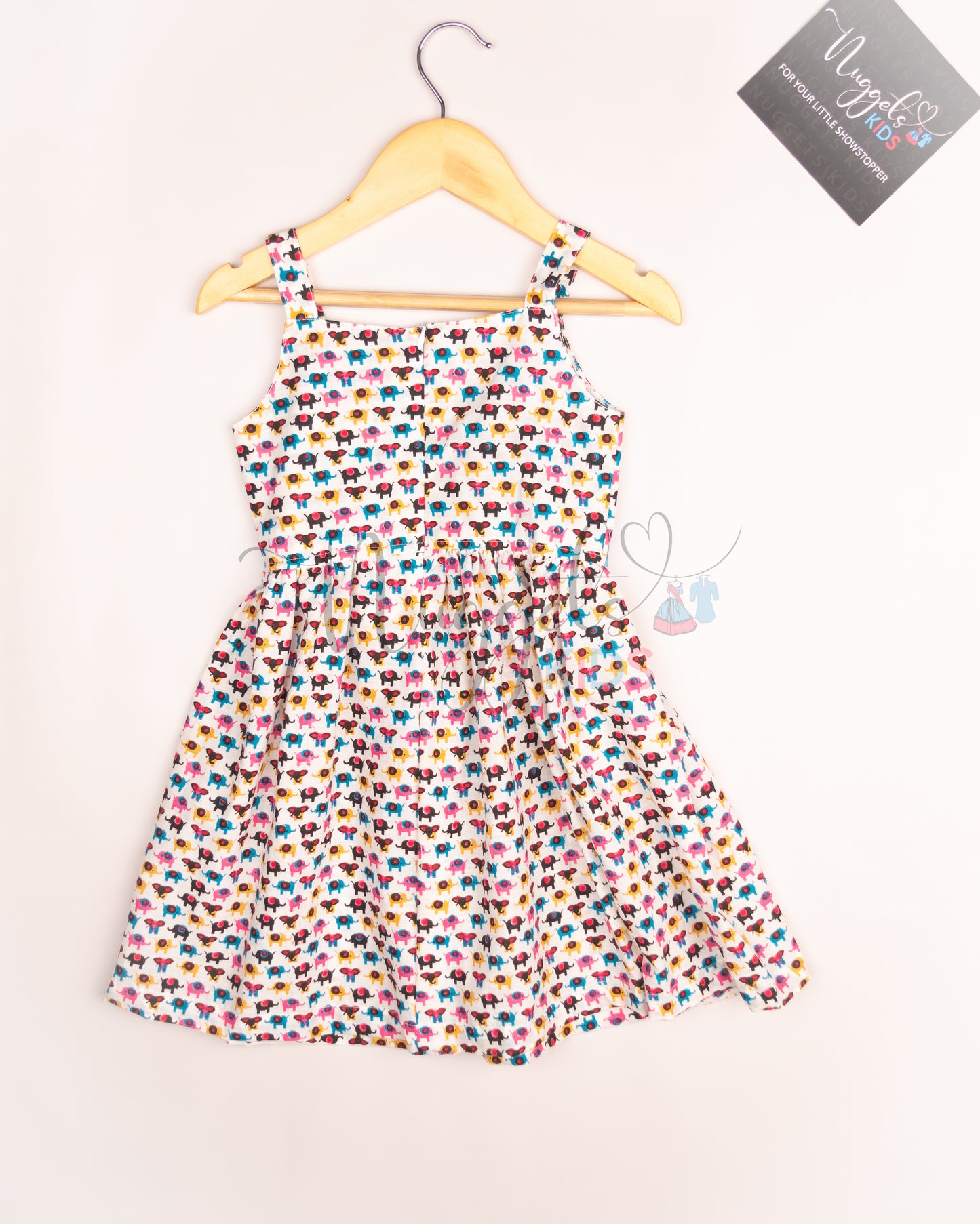 Ready to Ship: Elephant Printed Cotton Frock with Blue Double Bow Detailing