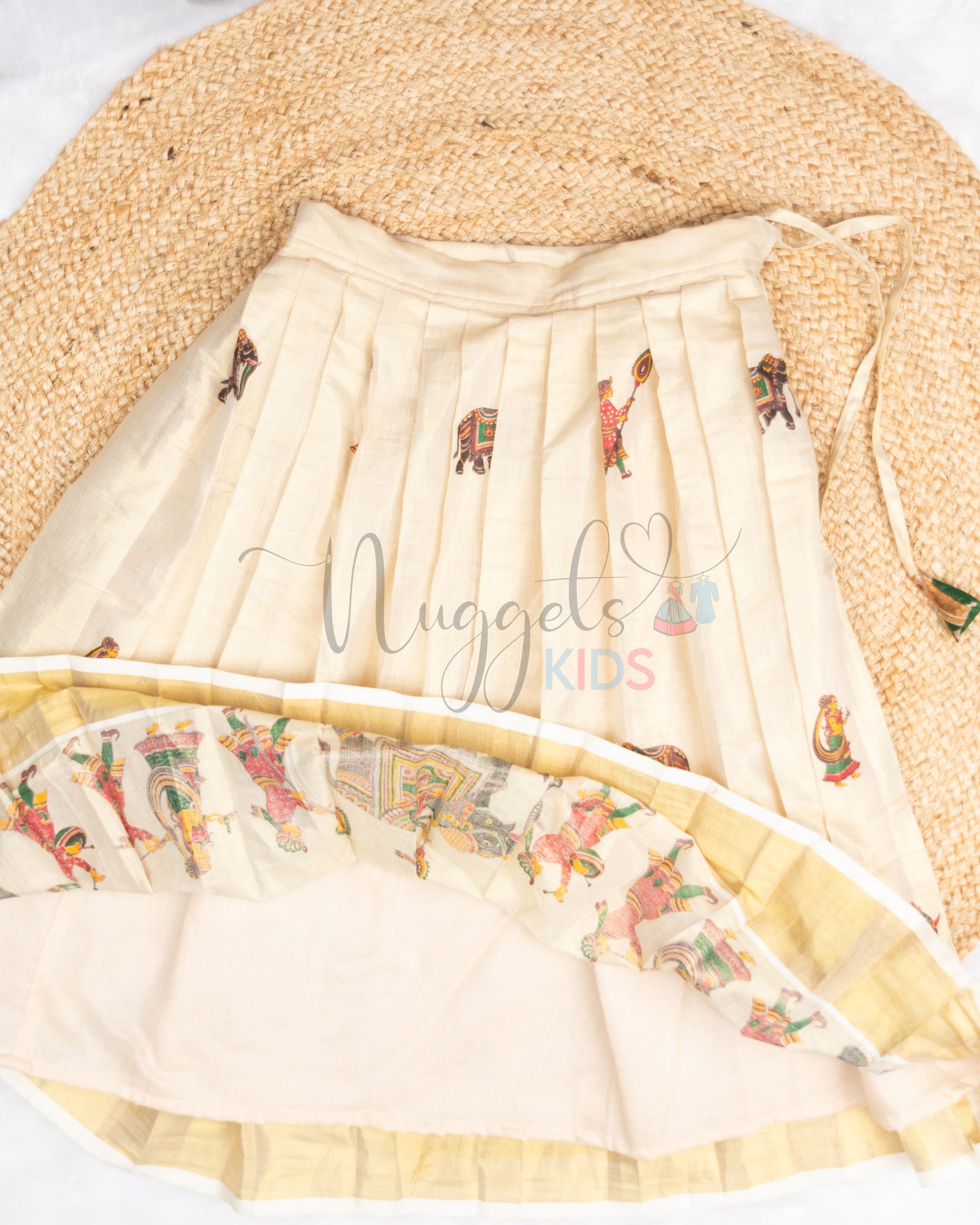 Pre Order: Elephant Kasavu set with Halter neck top and Pleated Tissue skirt