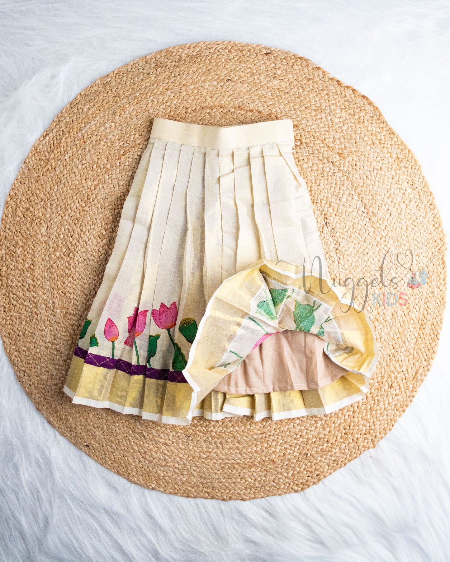 Ready to Ship: Pink Brocade Yoke And Raw Silk Patch work Designer Halter Neck Top and Golden Kasavu Lehenga