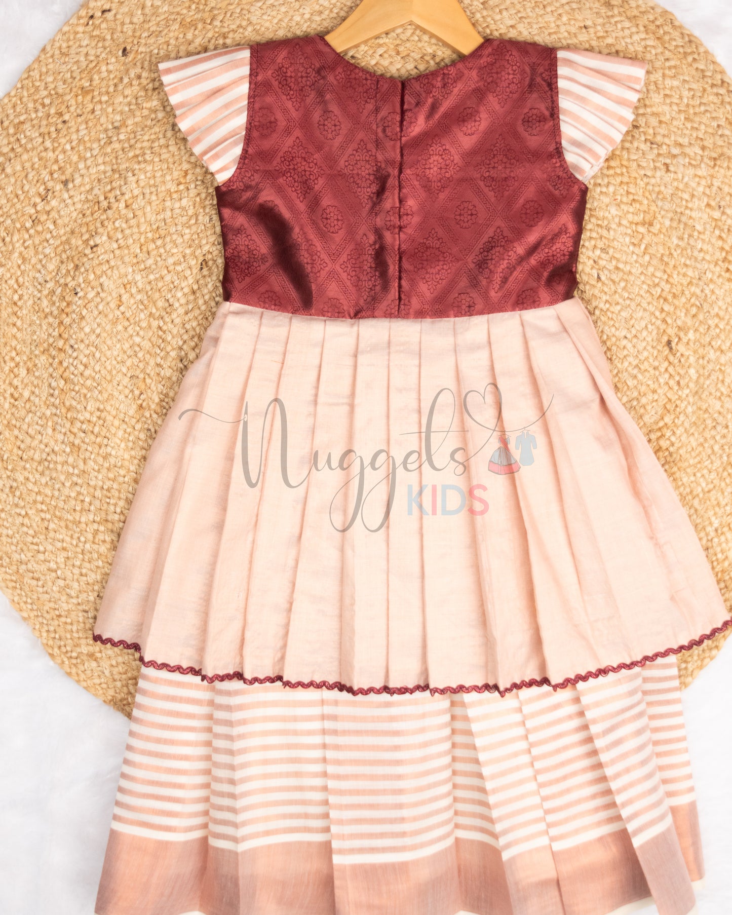 Pre Order: Angrakha style Two Layered Frock with brocade yoke and Copper cotton and tissue flare