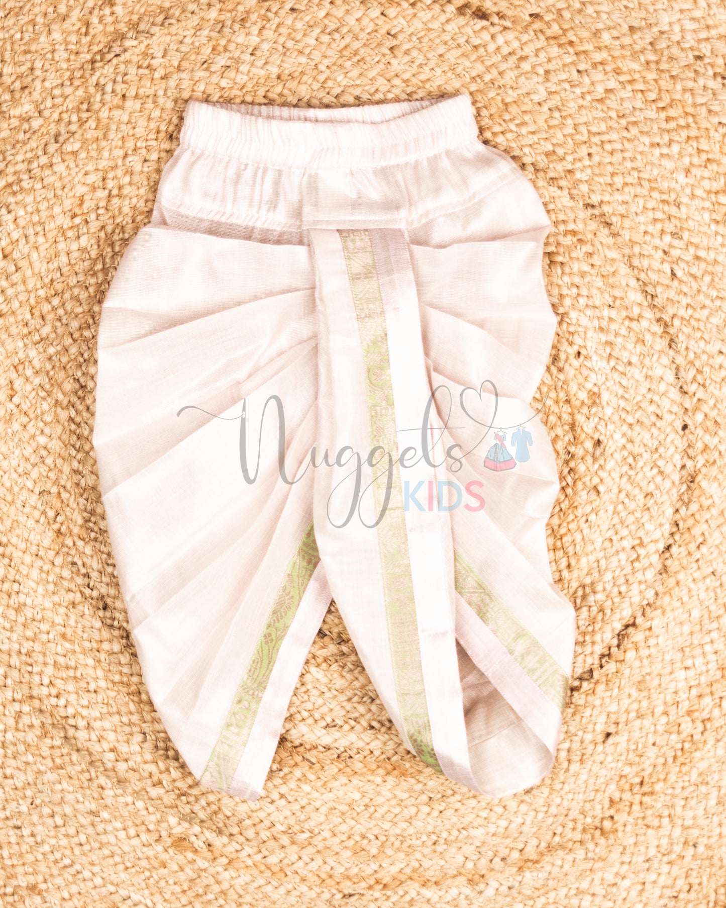 Pre Order: Pink Kasavu Kurta with One sided Green Brocade Flap and Pink Dhoti with taping brocade detailing