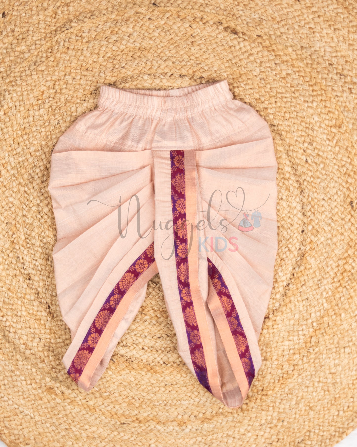 Pre Order: Copper Kasavu Kurta with One sided Jamun Brocade Patch and Copper Dhoti with taping brocade detailing