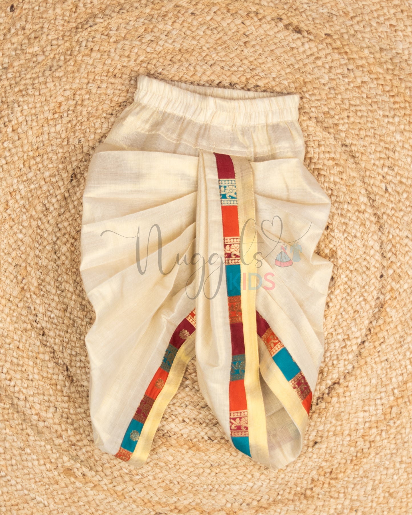 Pre Order: Cotton Kasavu Kurta with Brocade Patch Detailing and Tissue Dhoti with taping brocade detailing