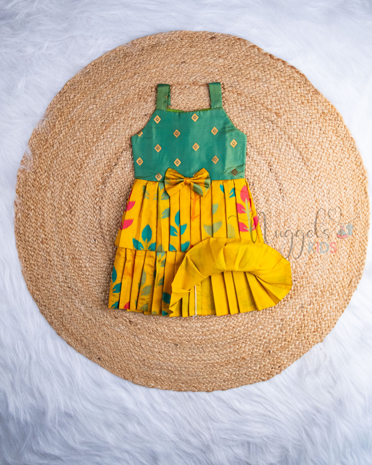 Ready to Ship: Yellow Ikkat Premium Kanchi Double layer Sleeveless Frock with Bow Detailing