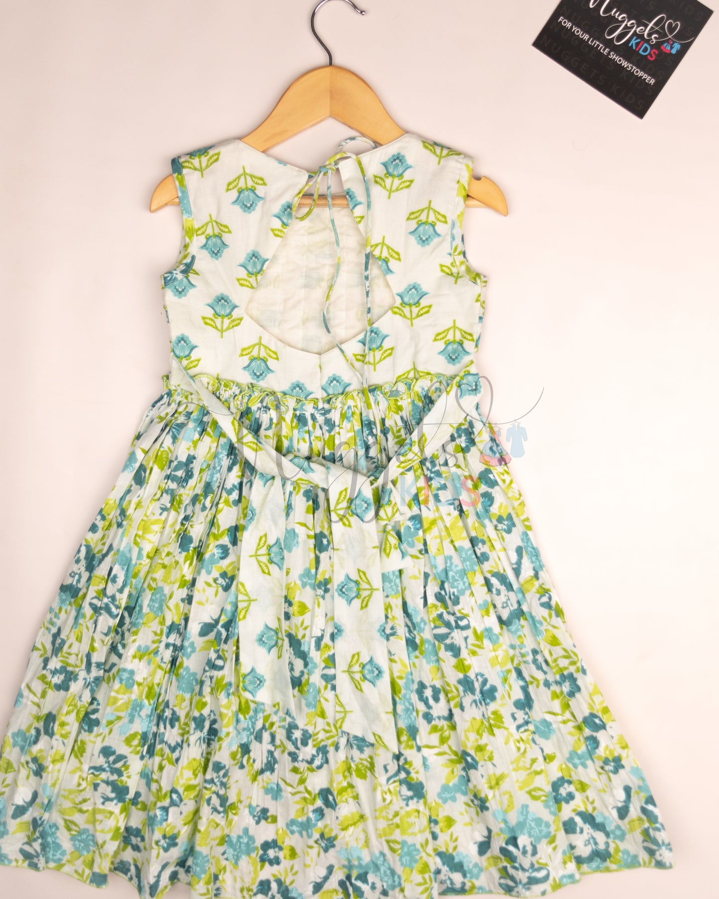 Ready to Ship: White Blue and Green Frock with Wave stitched yoke and designer back detailing