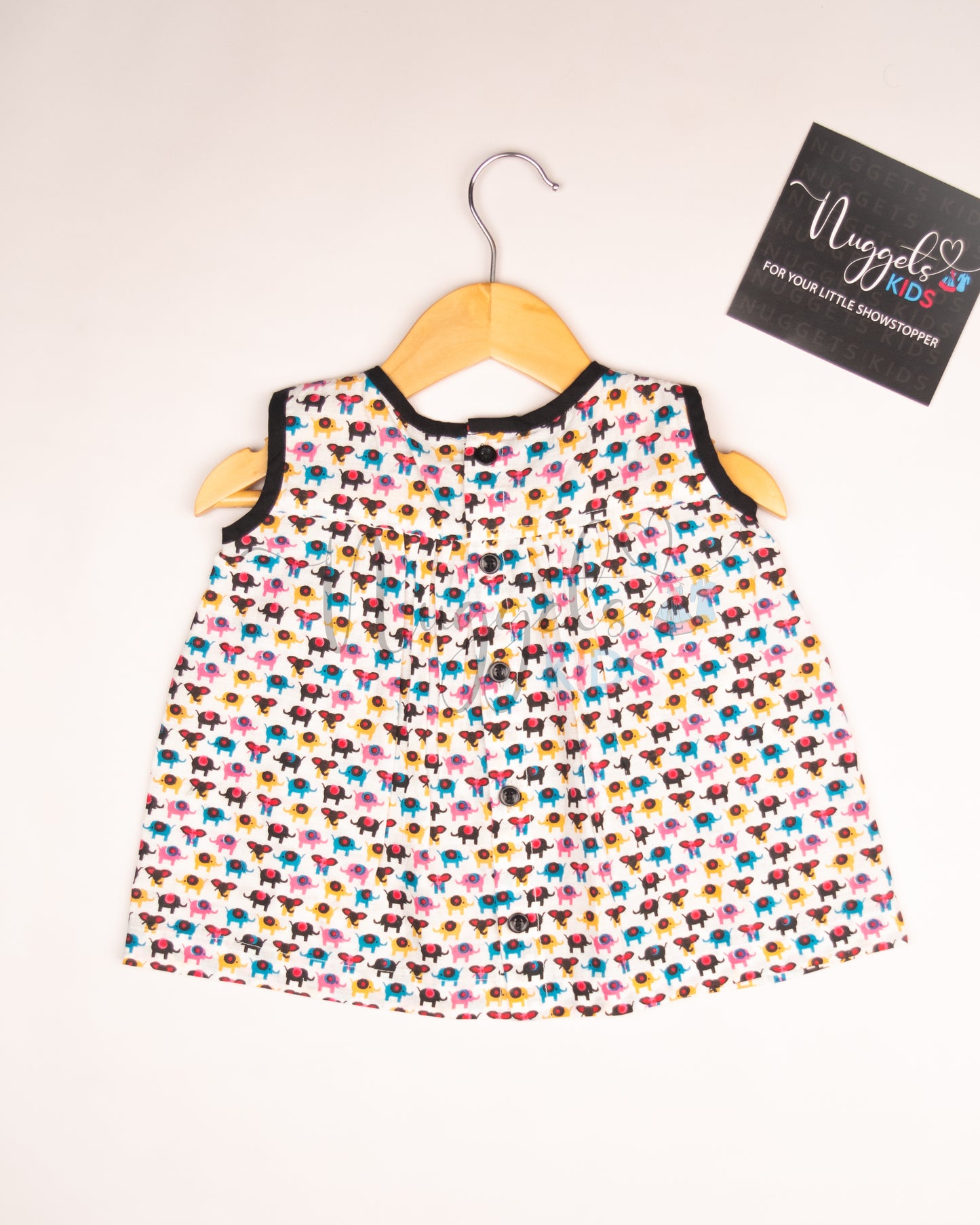 Ready to Ship: Elephant Printed Button Down Cotton Frock with Contrast Black Taping