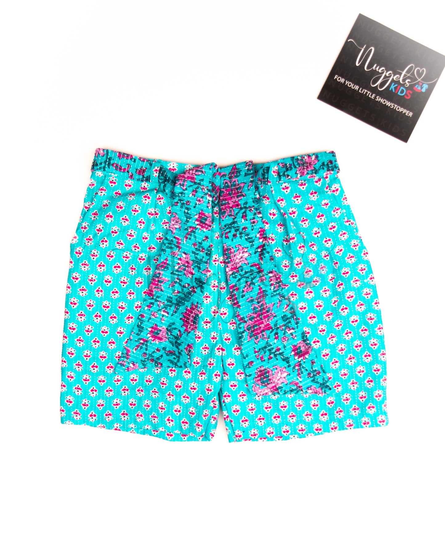 Ready to Ship: Sky Blue Cotton Kantha Shorts Set with Frilly Crop Top and Long Puff Sleeves and Printed Kantha Loose Fit Shorts