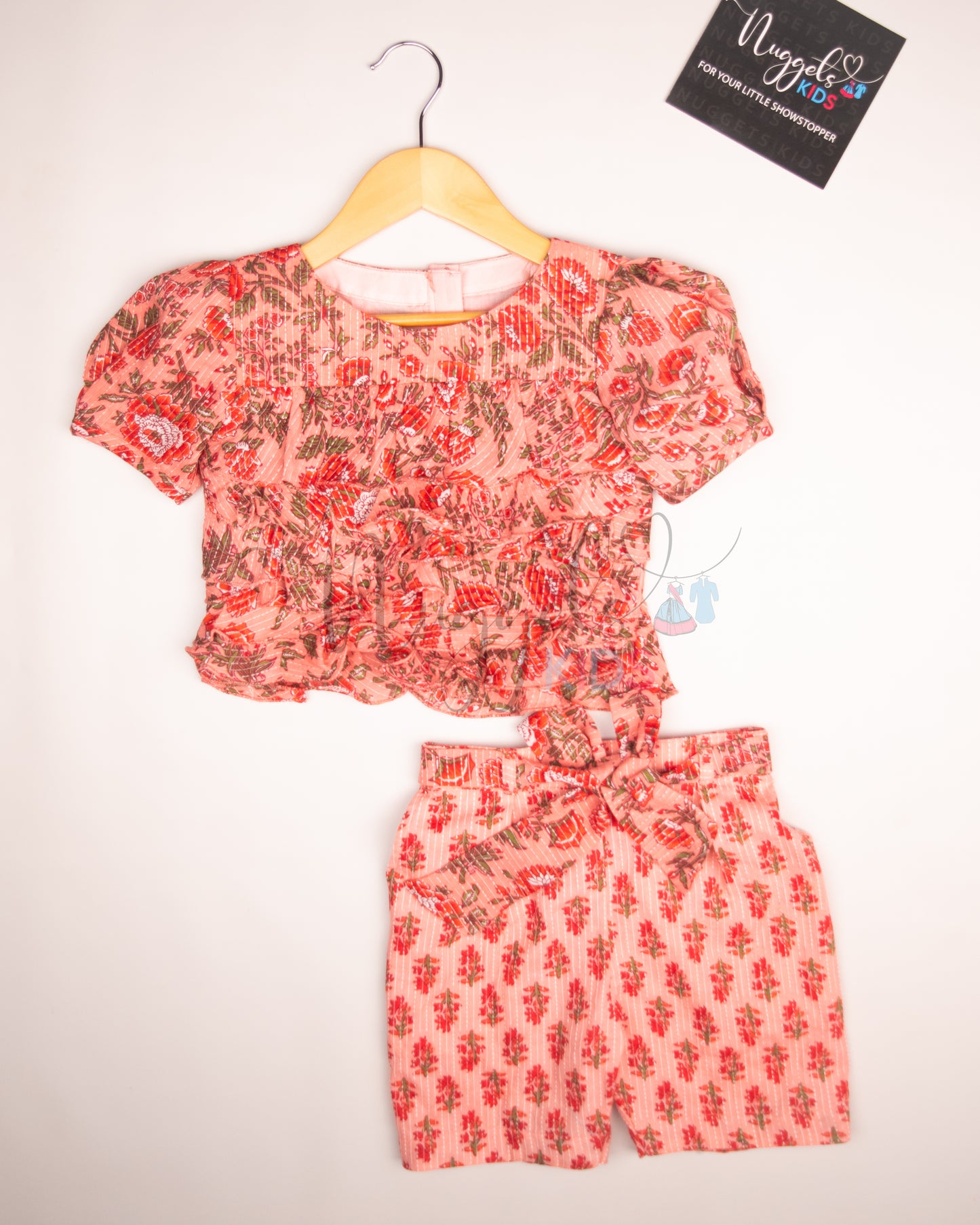 Ready to Ship: Peach Cotton Kantha Shorts Set with Frilly Crop Top and Long Puff Sleeves and Printed Kantha Loose Fit Shorts