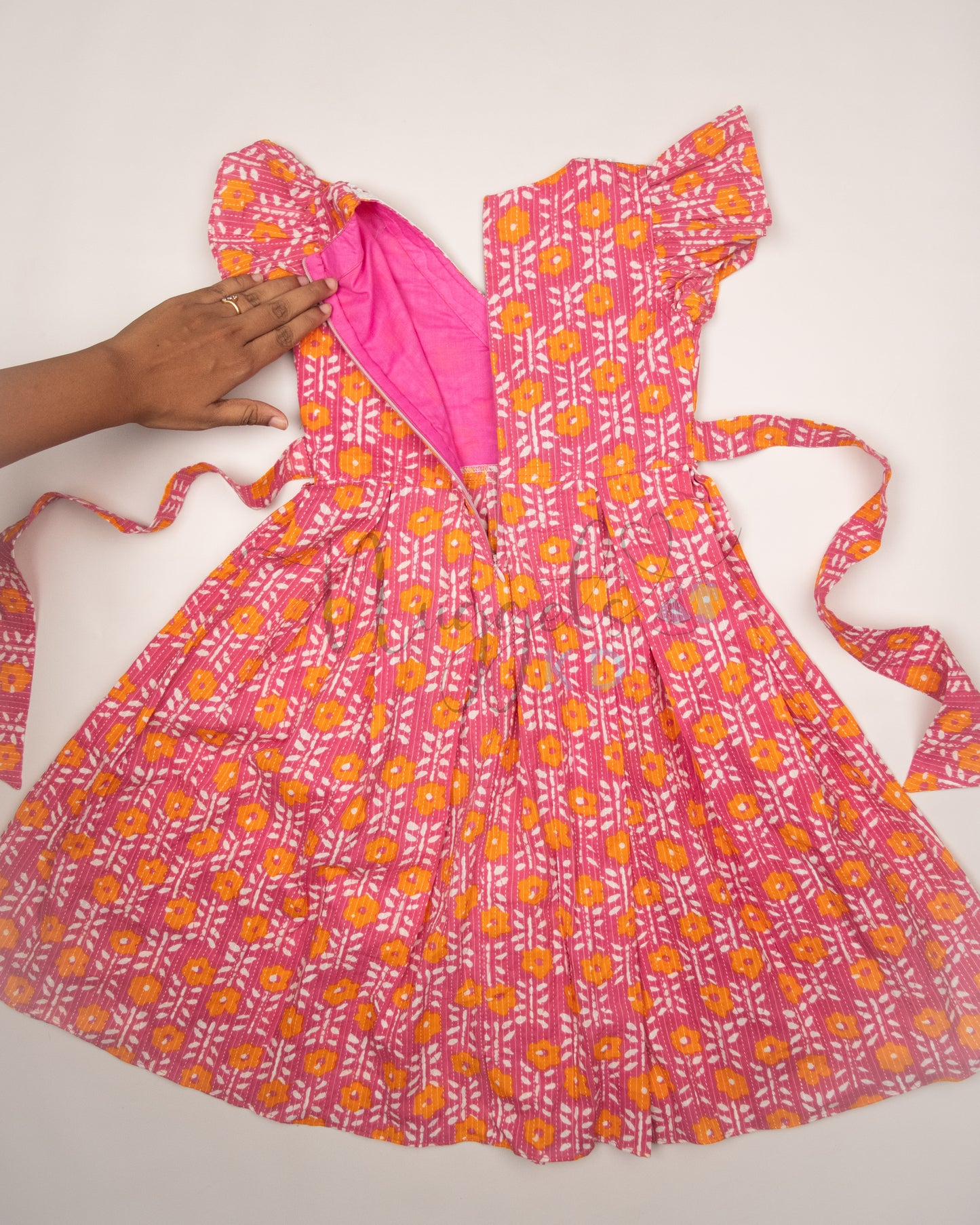 Ready to Ship: Pink and Orange Box pleated Katha Cotton frock with lace detailing on V neck and Ruffle Sleeves