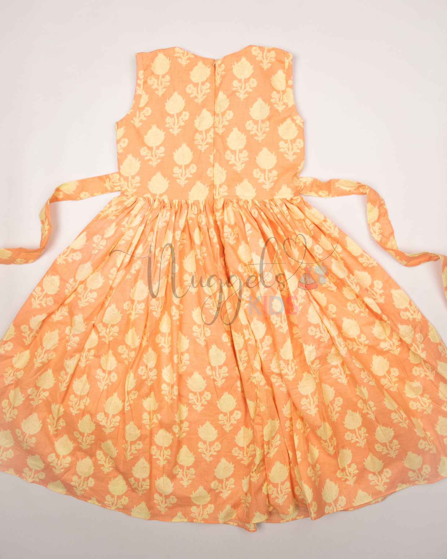 Ready to Ship: Peach and Lime Cotton frock with Pleated Neck Detailing