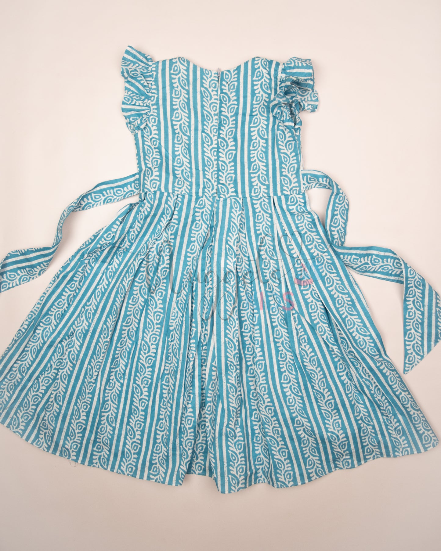 Ready to Ship: Sky Blue and White Box pleated Cotton frock with lace detailing on V neck and Ruffle Sleeves