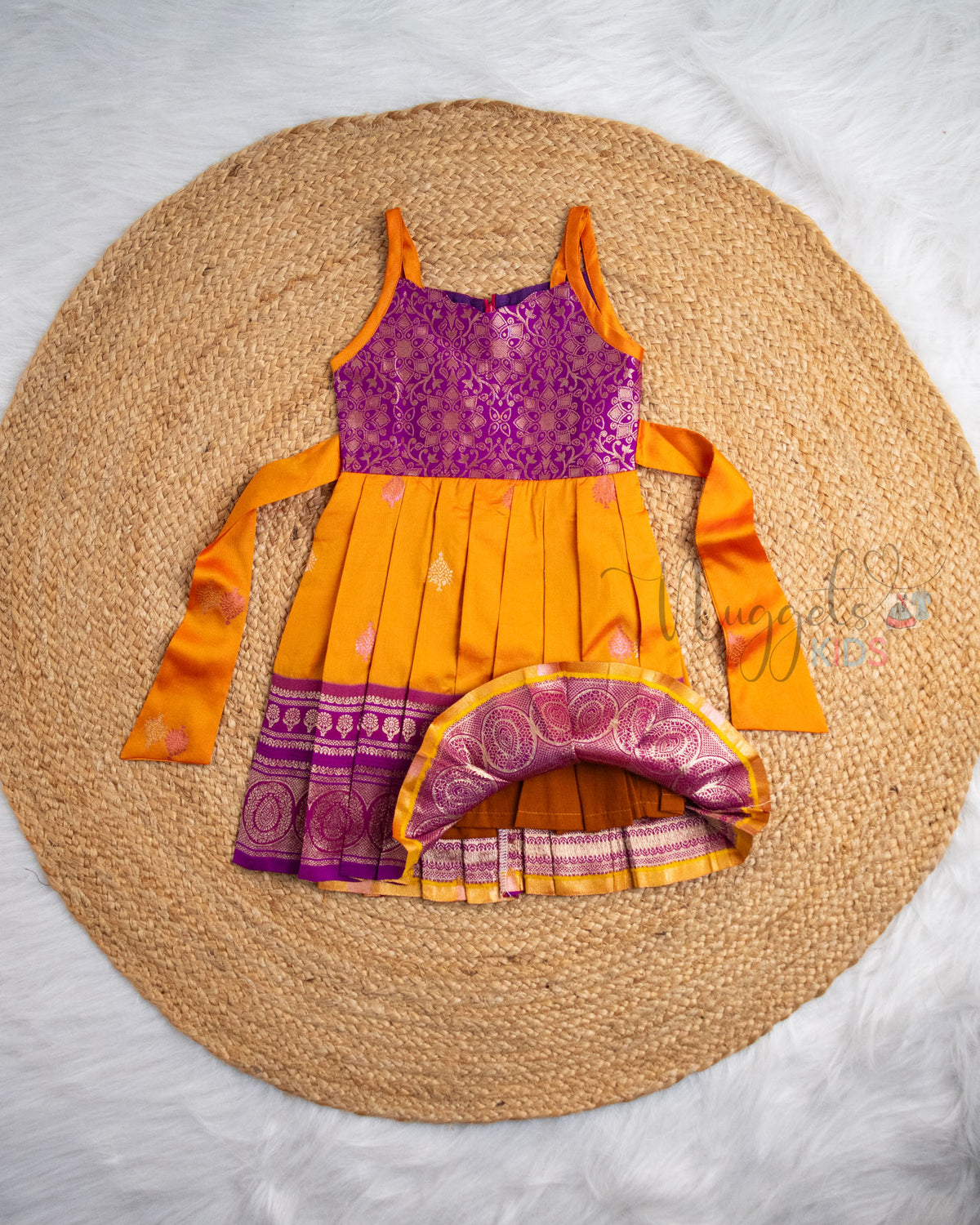 Ready to Ship: Orange And Purple Premium Kanchi Semi Silk Sleeveless Pattu Frock