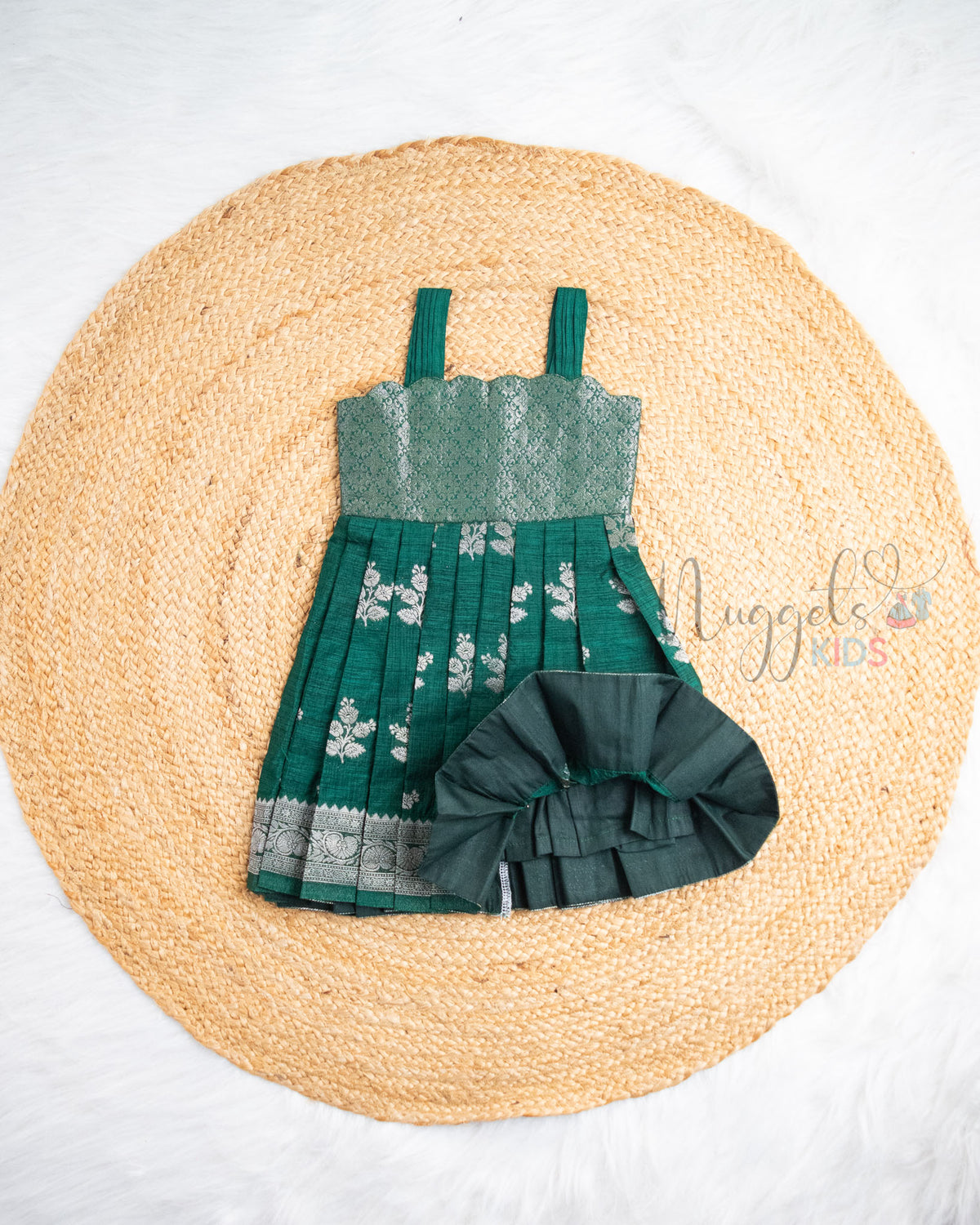 Ready to Ship: Bottle Green Banarasi Silk Frock with Scallop Neckline