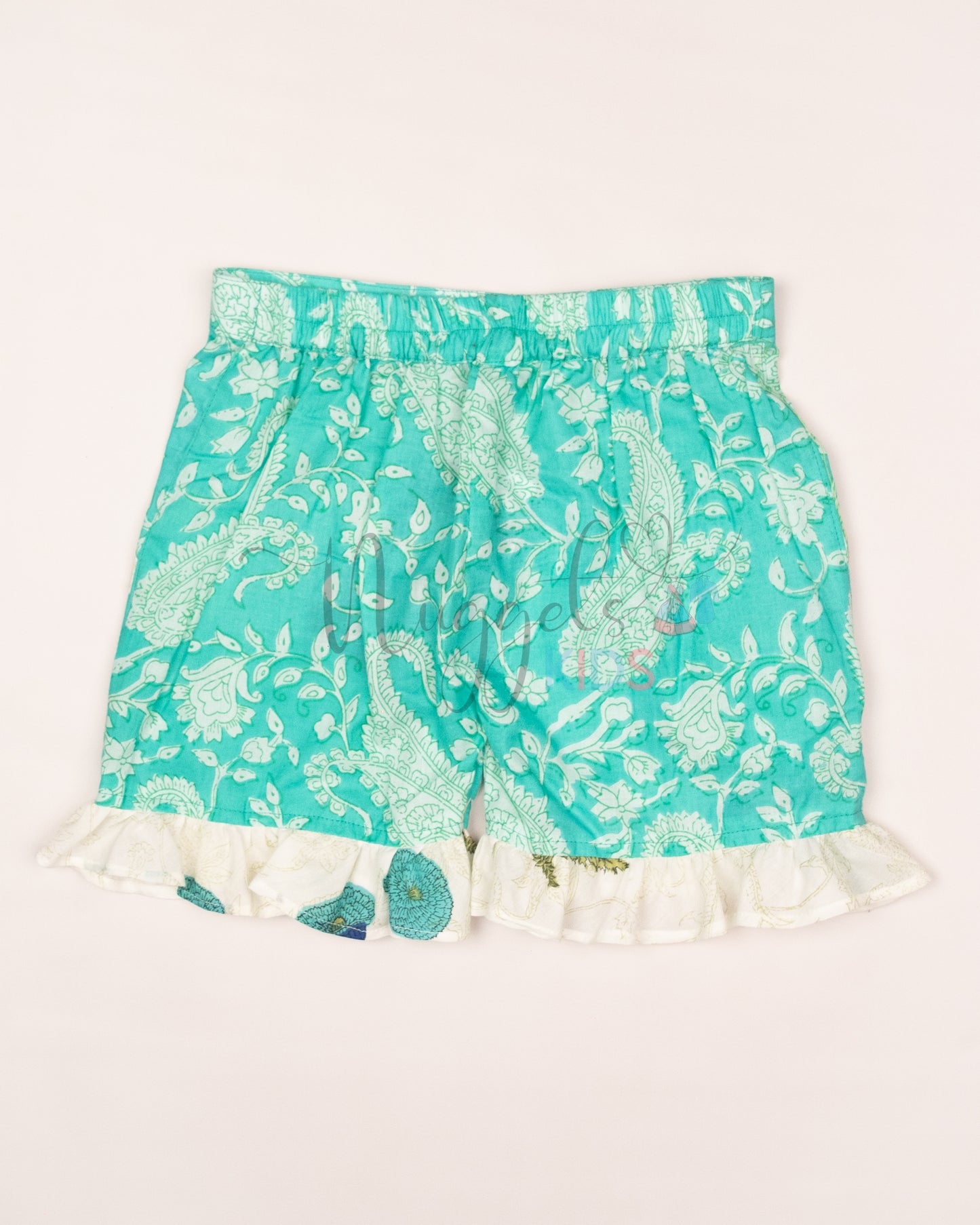 Ready to Ship: White and Turquoise Shorts Set with Frilly Wing Sleeves and Loose Fit Shorts with statement Ruffle detailing