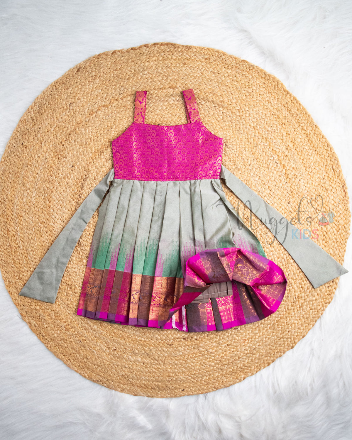 Ready to Ship: Ruby Pink And Gray Ikkat Semi Silk Pattu Frock