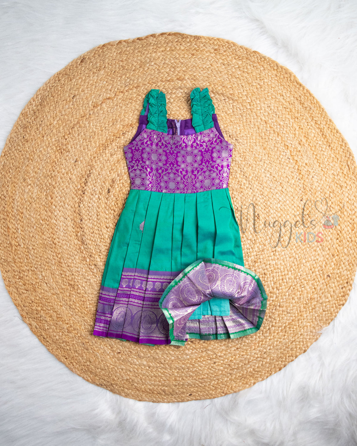 Ready to Ship: Teal And Purple Semi Silk Pattu Frock with Frill Detailing