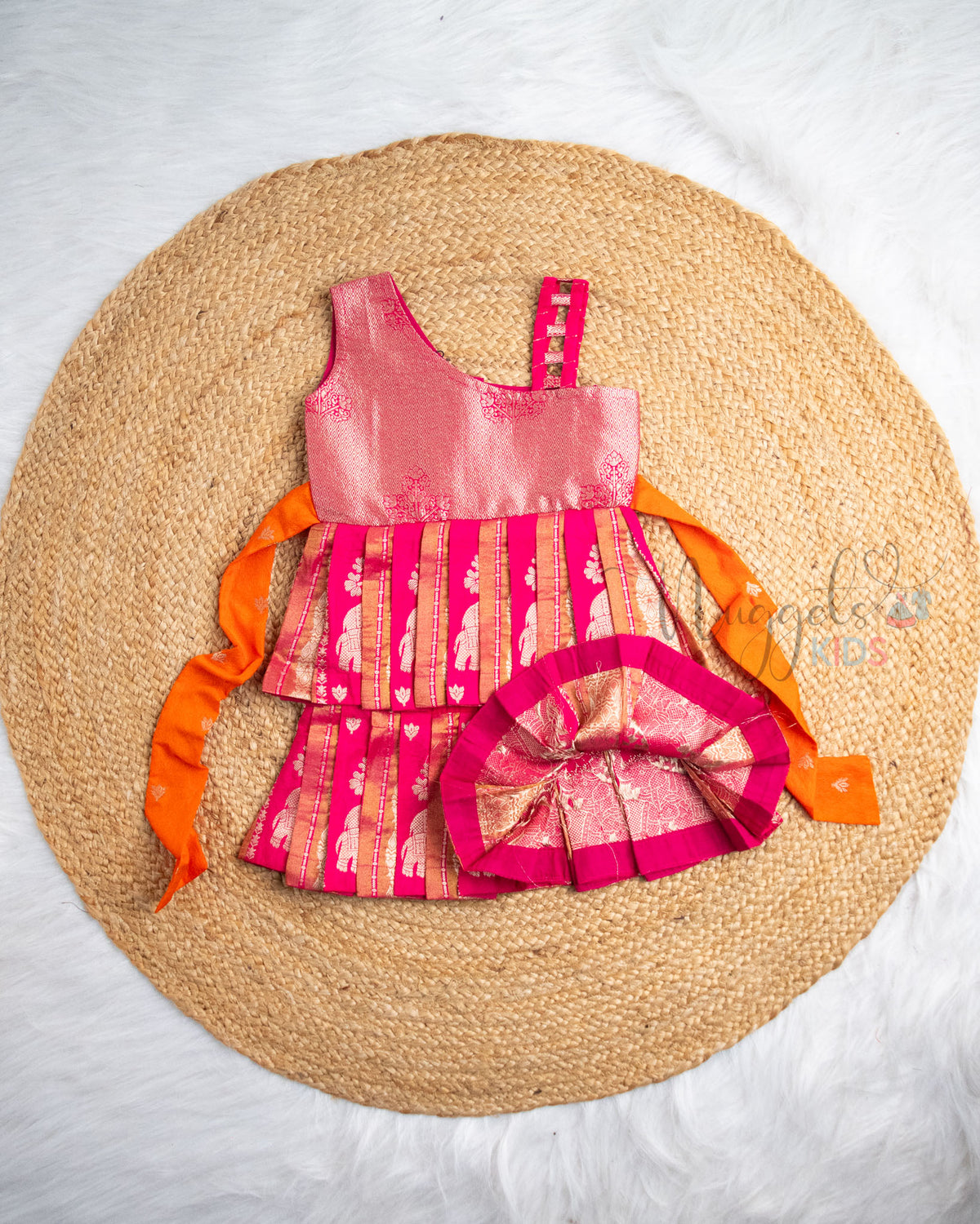 Ready to Ship: Bright Pink Chiniya Silk One Shoulder Yoke Two Layer Pattu Frock
