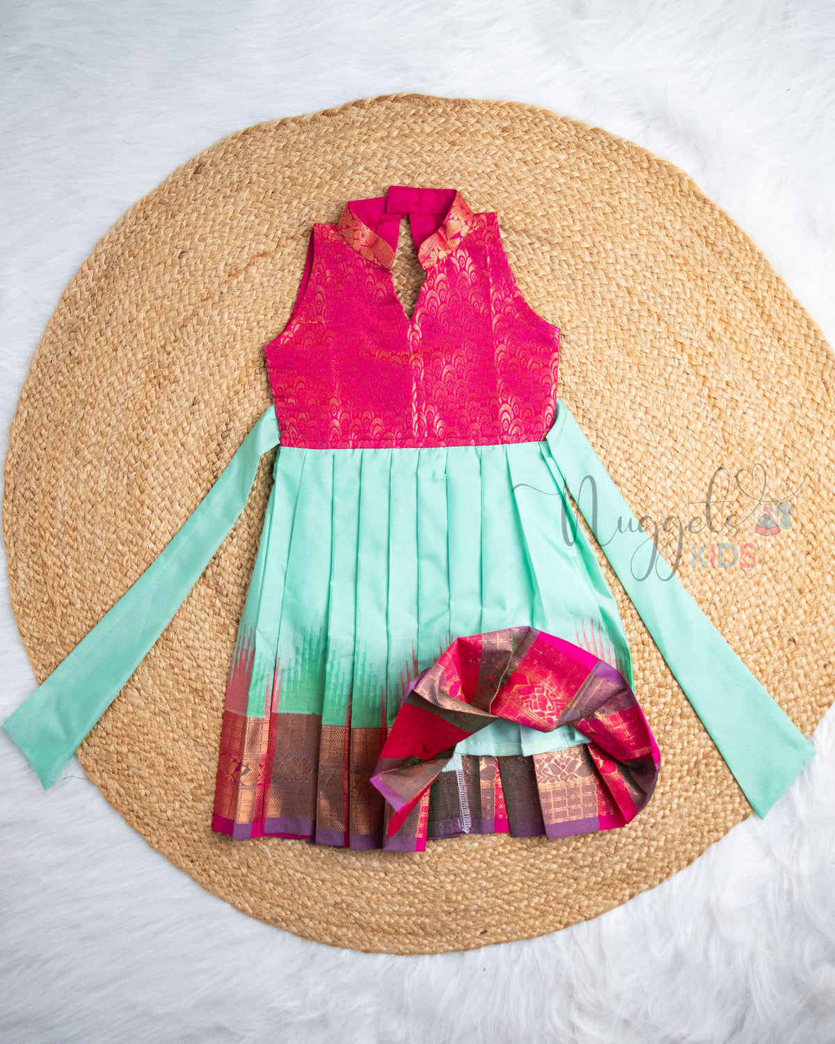 Ready to Ship: Pink And Turquoise Ikkat Semi Silk Pattu Frock