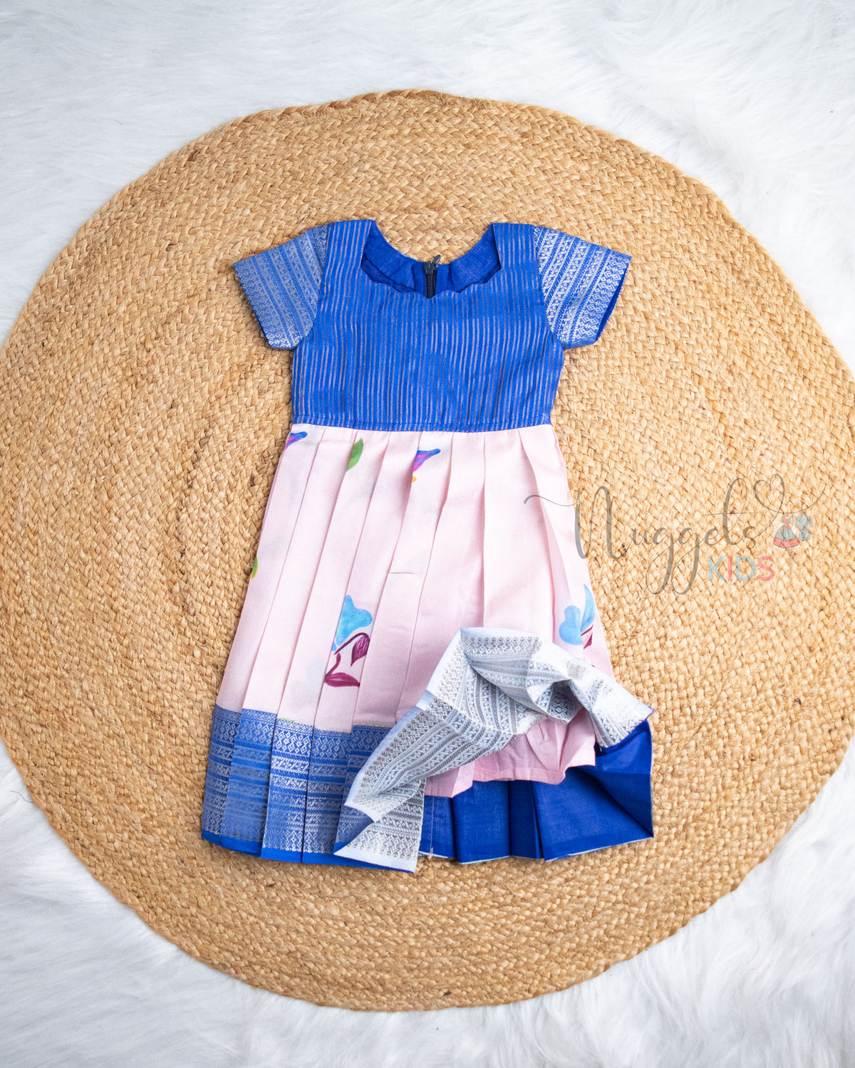 Ready to Ship: Blue With Baby Pink Printed Pattu Frock
