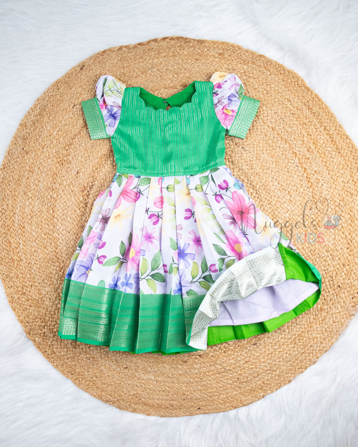 Ready to Ship: Green With Cream Printed Pattu Frock