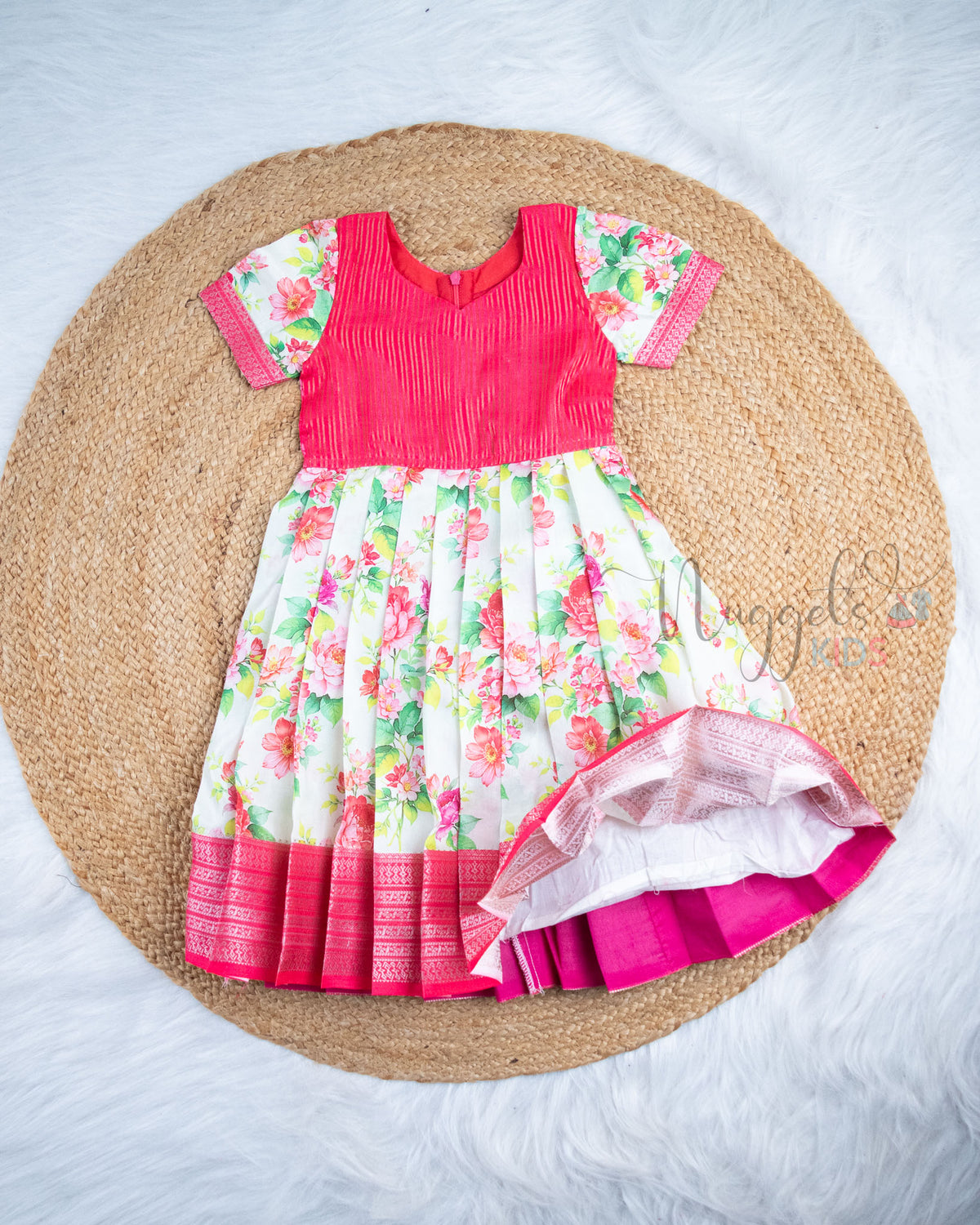 Ready to Ship: Rose Pink With Offwhite Printed Pattu Frock