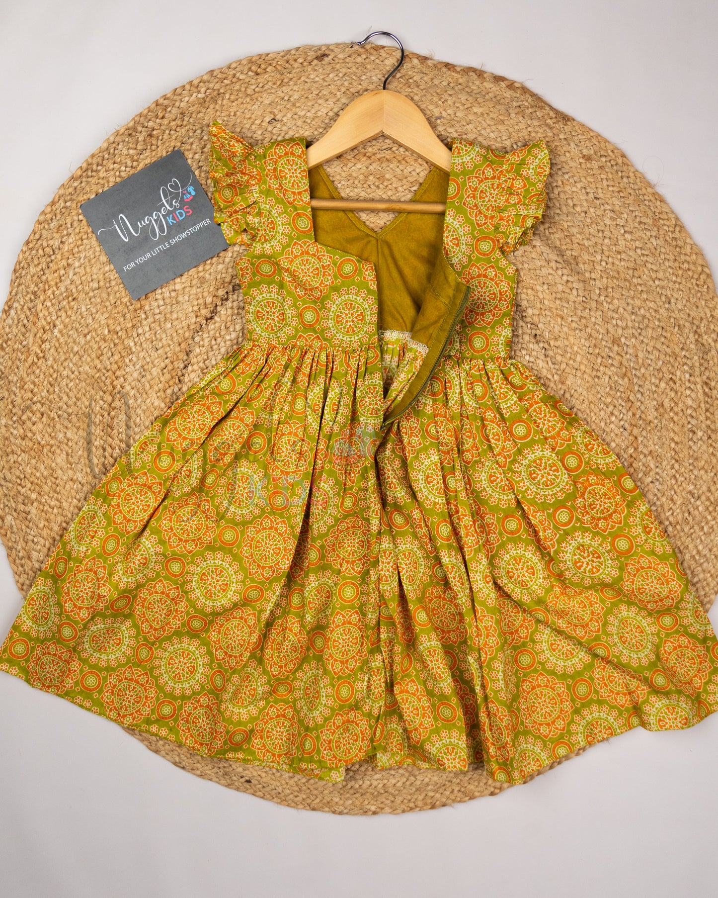 Ready to Ship: Green & Orange Double Collar Cotton Frock with Ruffle Sleeves