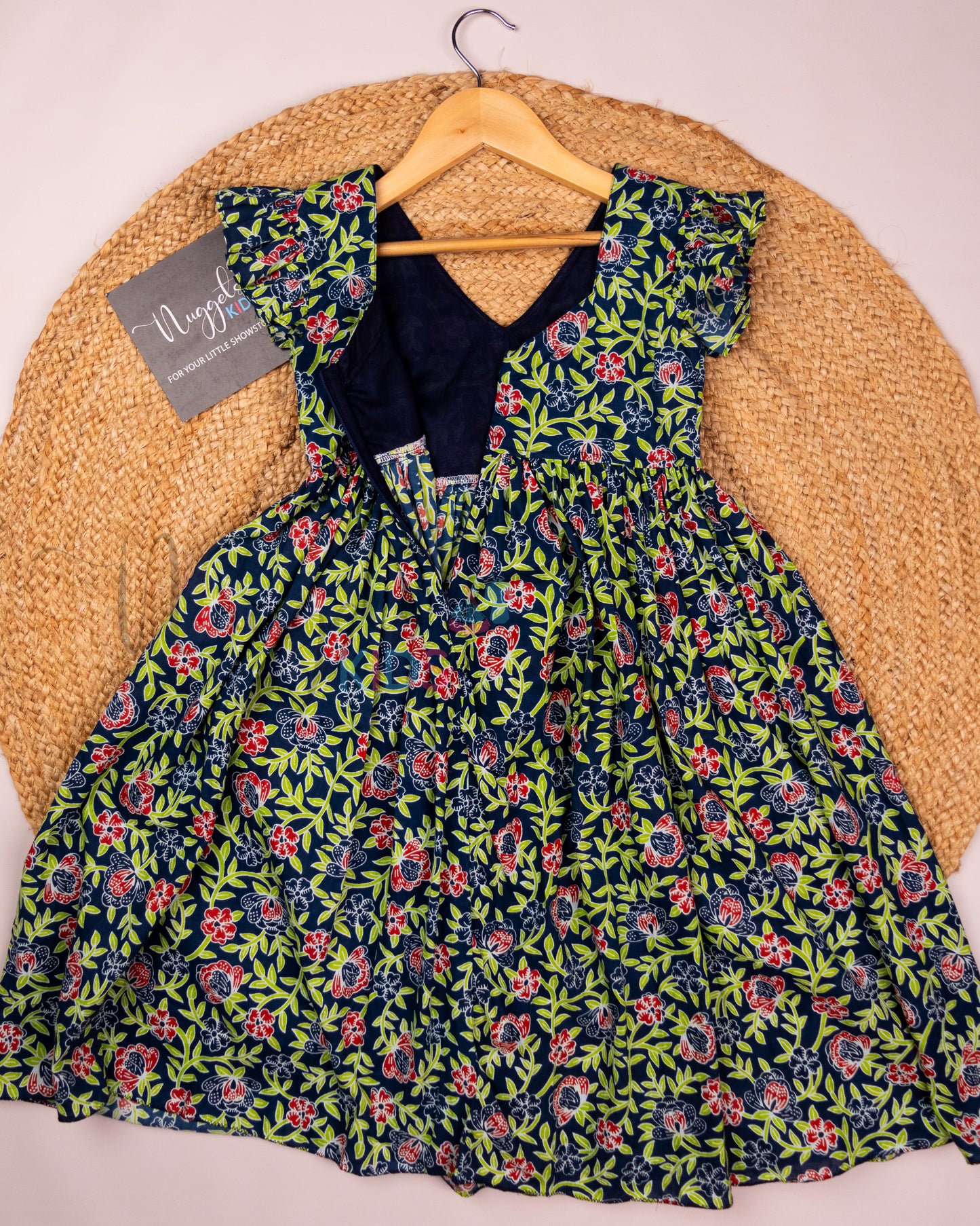 Ready to Ship: Ink Blue & Green Double Collar Cotton Frock with Ruffle Sleeves