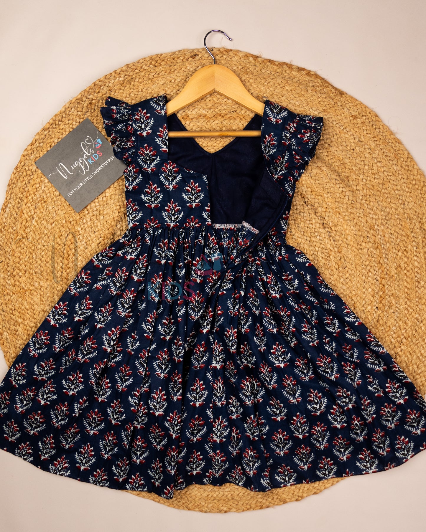 Ready to Ship: Ink Blue & Maroon Double Collar Cotton Frock with Ruffle Sleeves