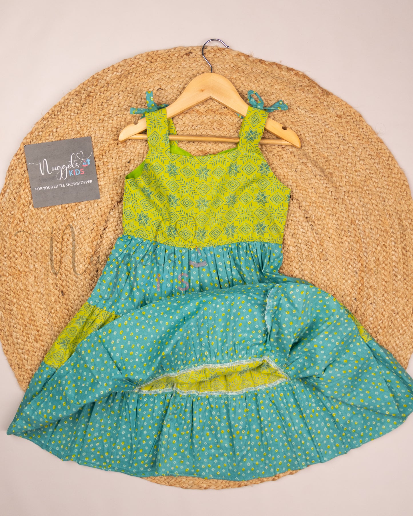 Ready to Ship: Teal and Green Sleeveless Layered Frock with attached bows in the shoulder strap