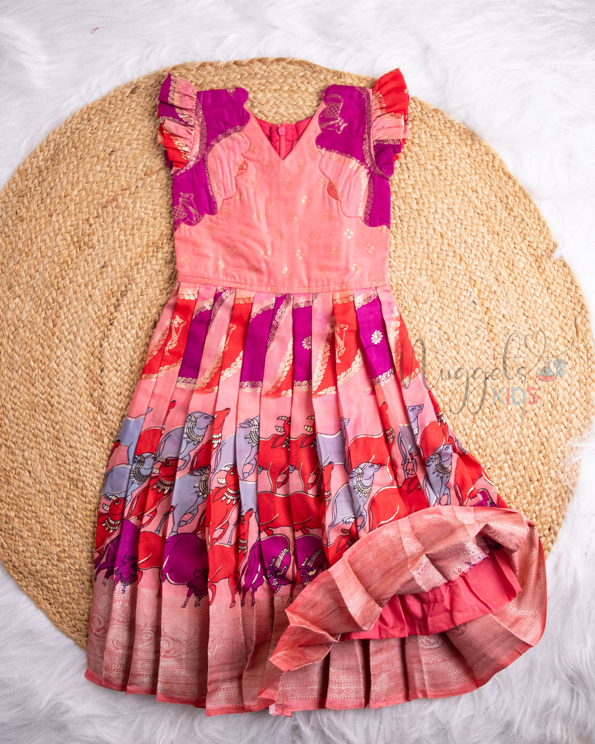 Ready to Ship: Peach And Purple Kalamkari Printed Semi Silk Pattu Gown