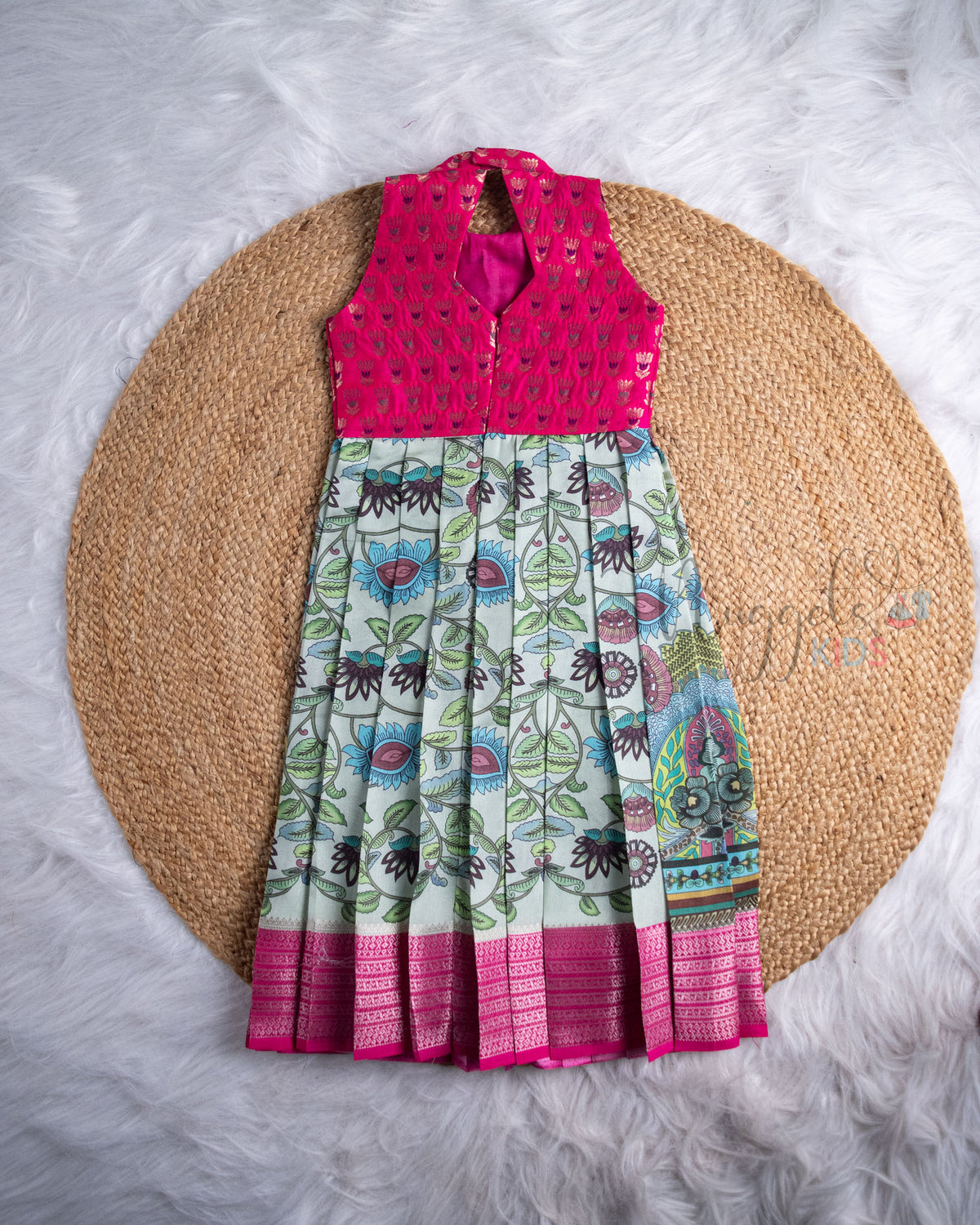Ready to Ship: Pink Brocade Yoke And Kalamkari Printed Pattu Gown