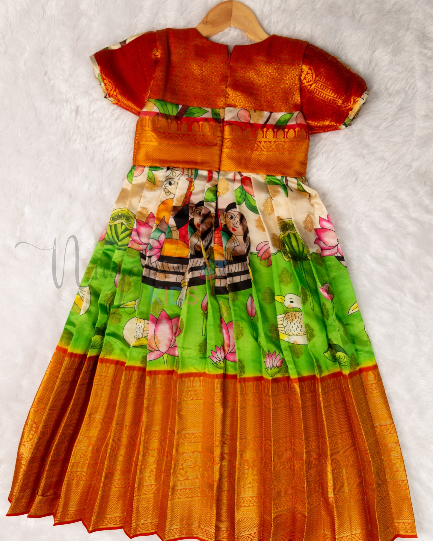 Ready to Ship: Premium Kalamkari Gown with aari work yoke, designer sleeves depicting Pond Scene
