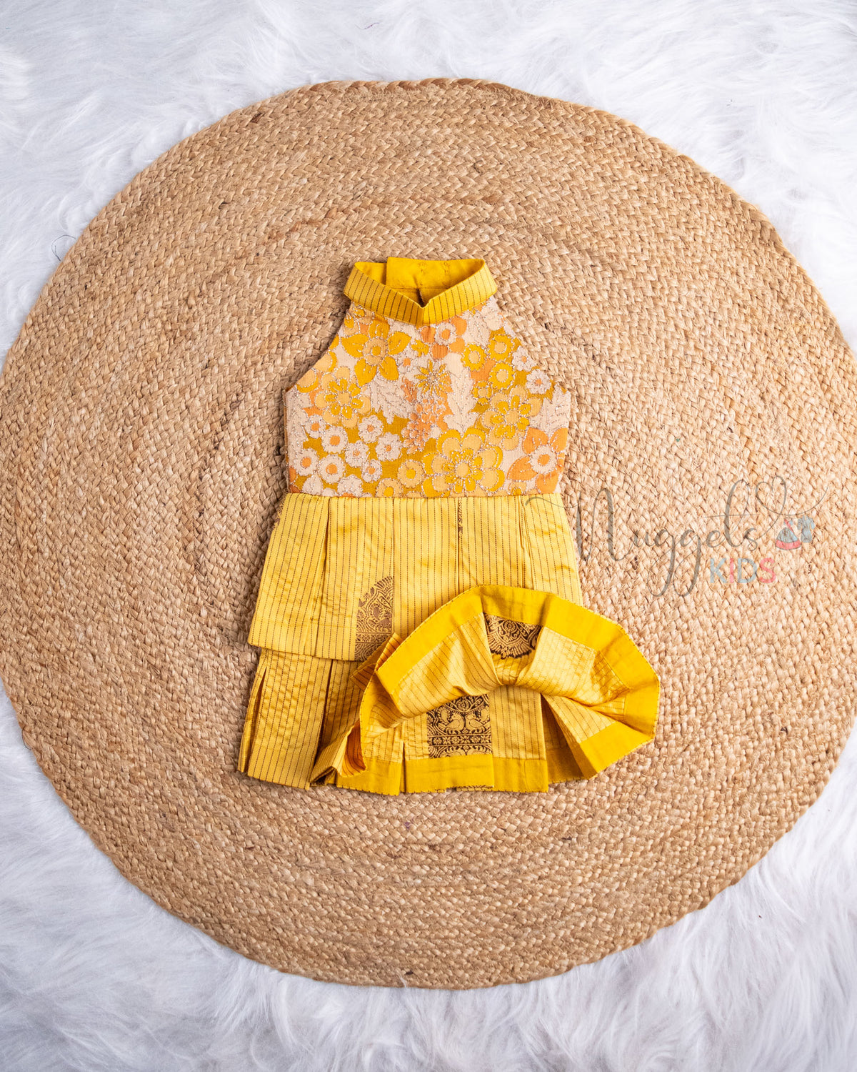 Ready to Ship: Mustard Yellow Embroidered Designer Yoke Two Layer Pattu Frock