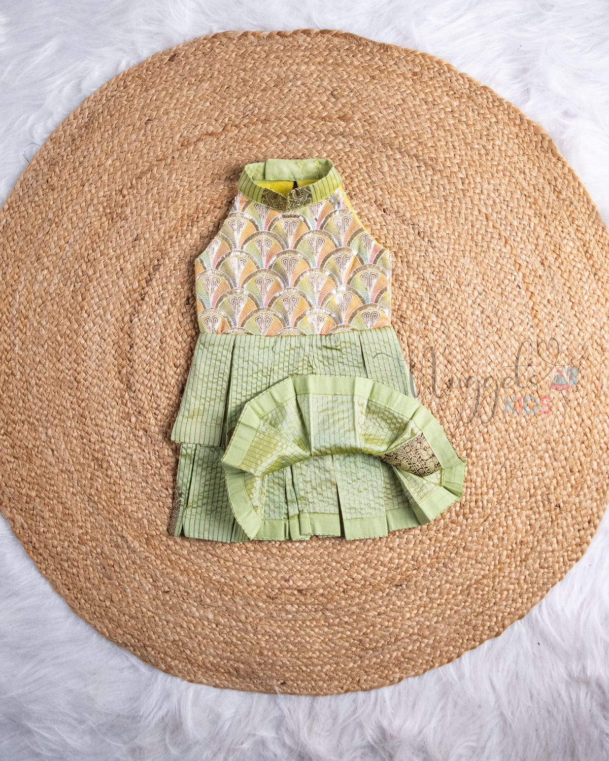 Ready to Ship: Mellow Yellow And Pista Green Embroidered Designer Yoke Two Layer Pattu Frock