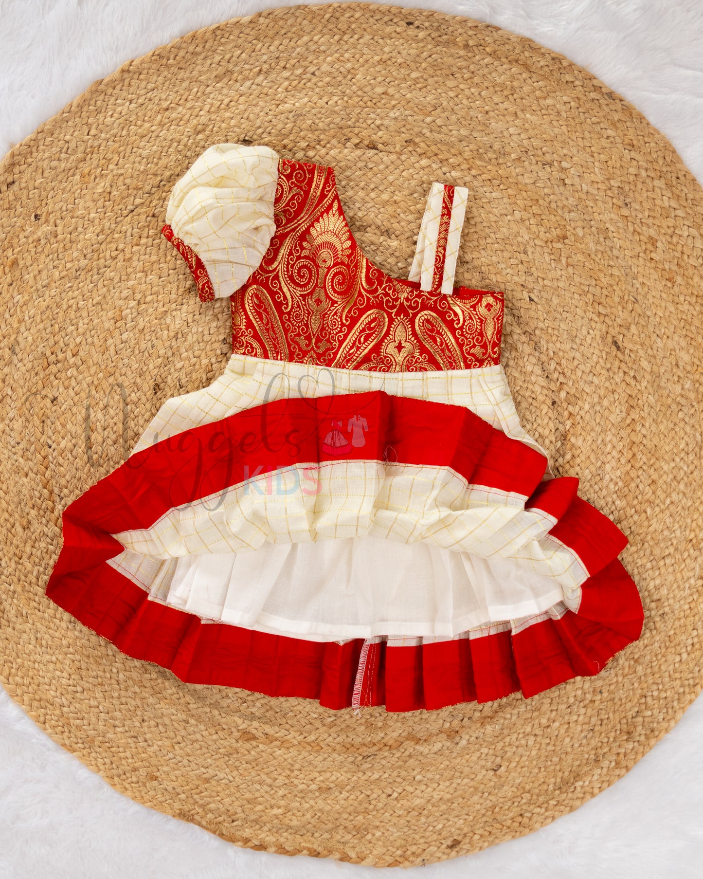 Pre Order: One Shoulder Checked Kasavu Frock with Red Brocade yoke, puff sleeves and attached borders