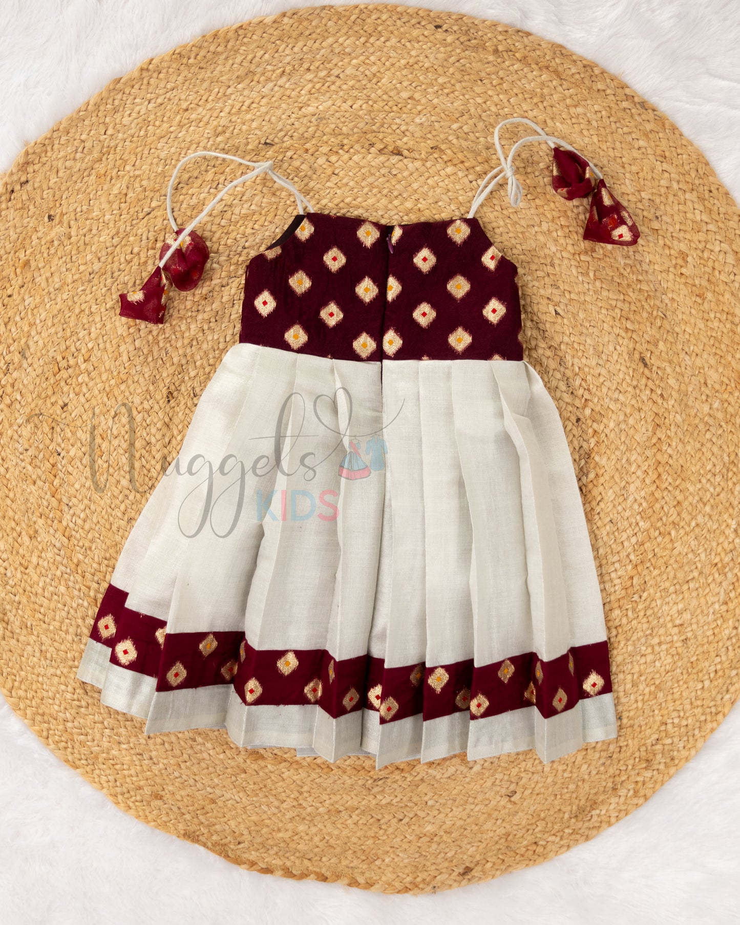 Pre Order: Silver Tissue Pleated Tie-up Kasavu Frock with Jamun Soft Organza Yoke
