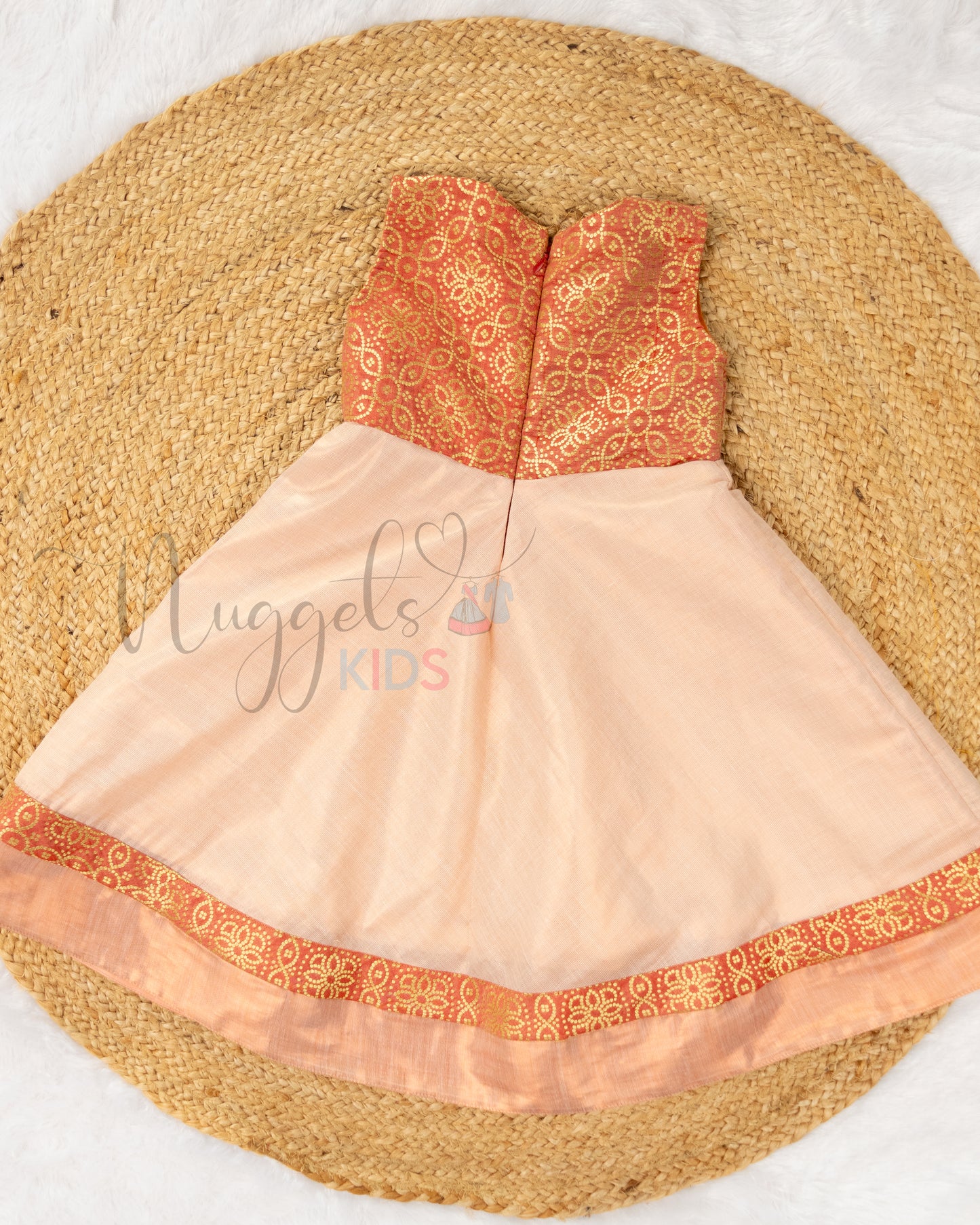 Pre Order: Copper Kasavu A line Frock with Copper Brocade Yoke and Borders