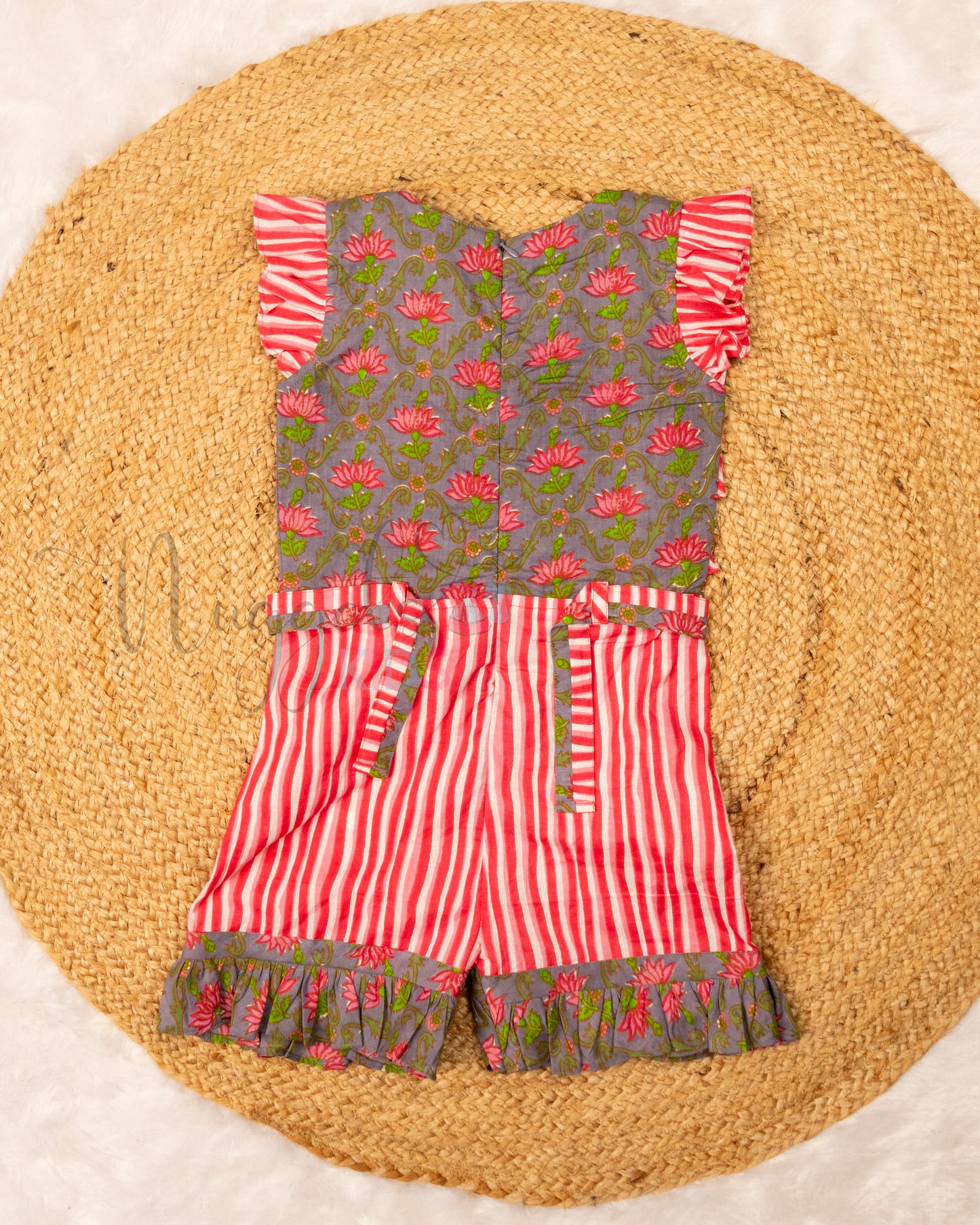 Ready to Ship: Grey and Pink Knee Length Jumpsuit with ruffle detailing in yoke and hem, ruffle sleeves and designer belt