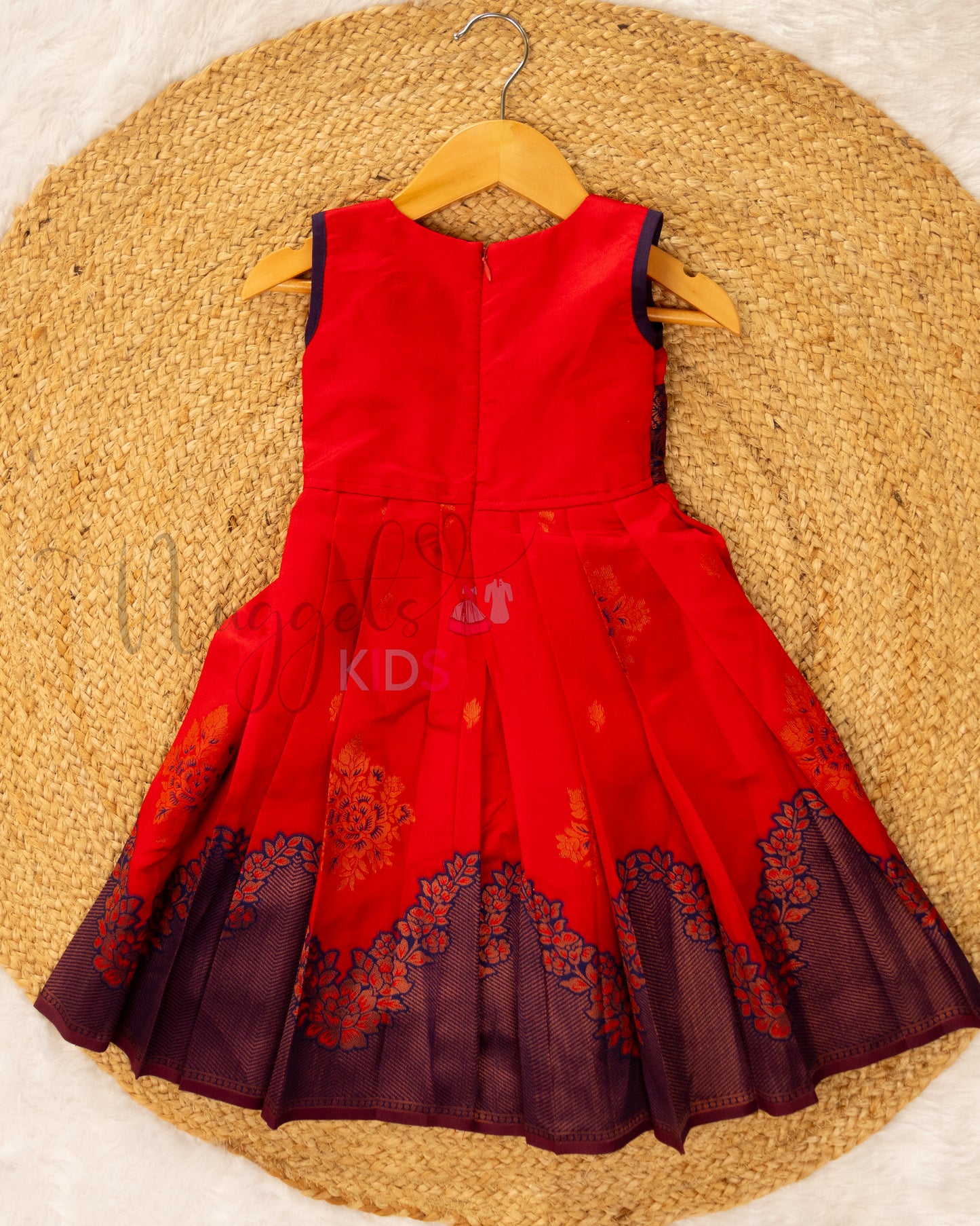 Ready to Ship: Red and Blue Semi Silk Sleeveless frock with patch work yoke
