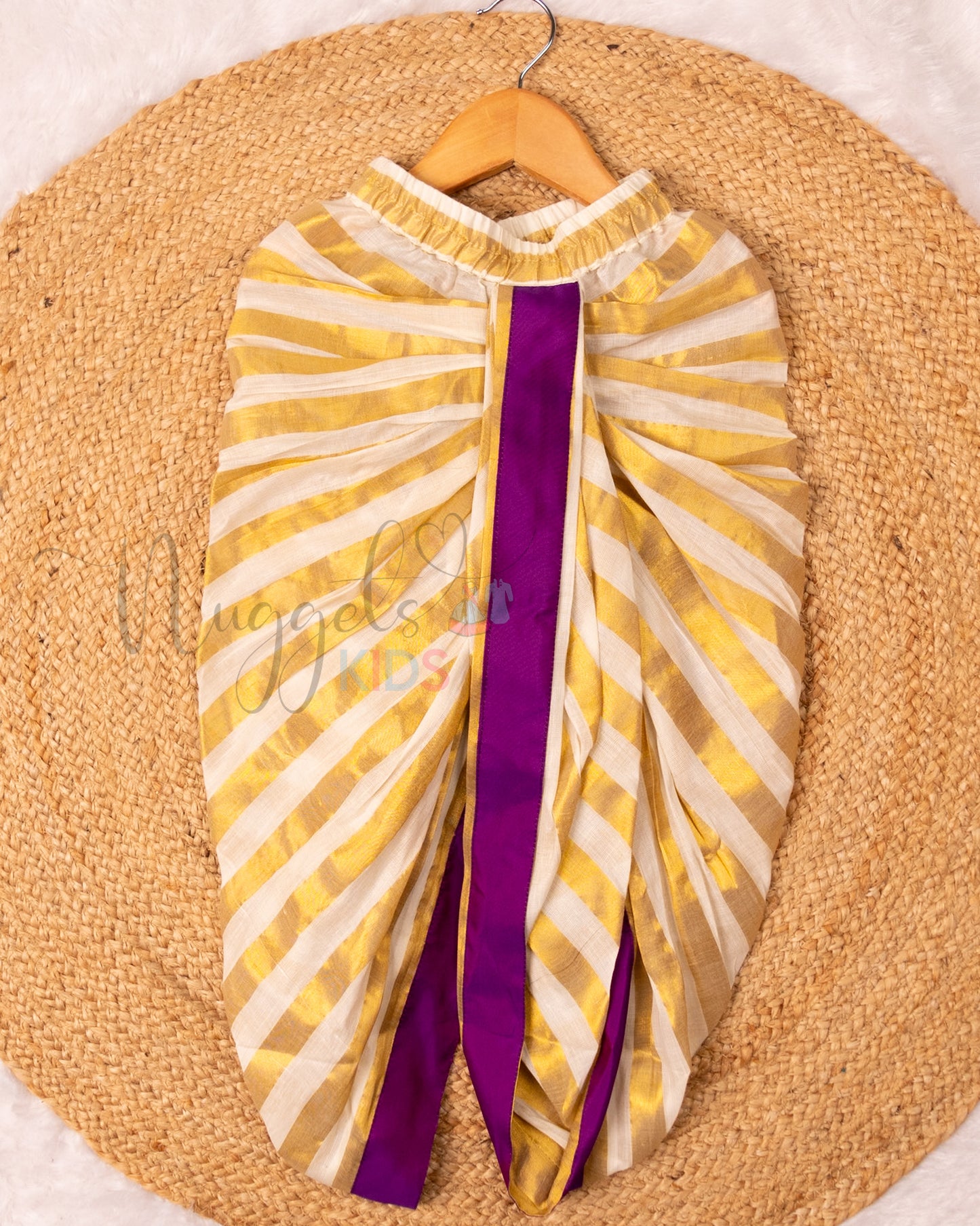 Ready to Ship: Violet Aari Worked Kurta with Striped Dhoti and matching taping border