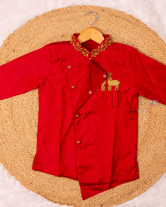 Ready to Ship: Red Aari Worked Kurta with Striped Dhoti and matching taping border