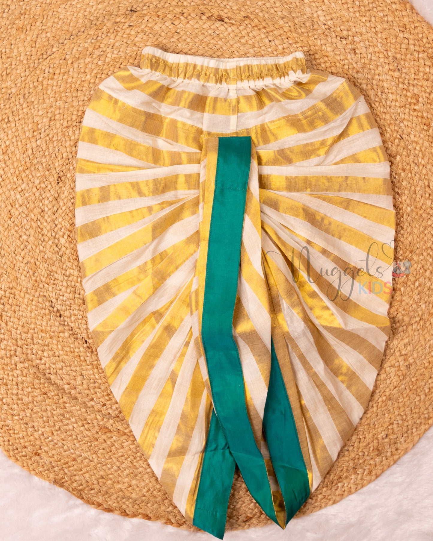 Ready to Ship: Peacock Green Aari Worked Kurta with Striped Dhoti and matching taping border