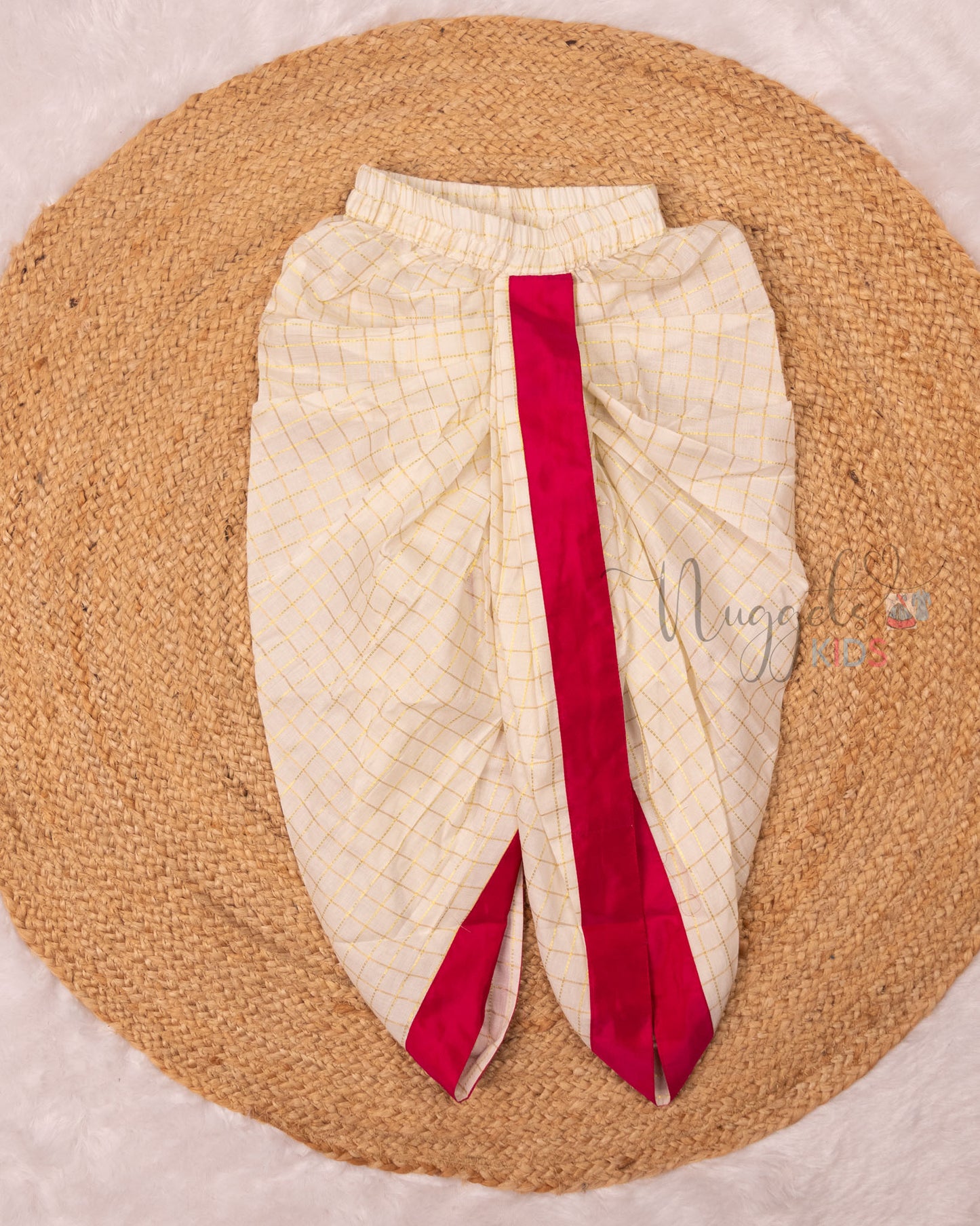 Ready to Ship: Red Aari Worked Kurta with Striped Dhoti and matching taping border