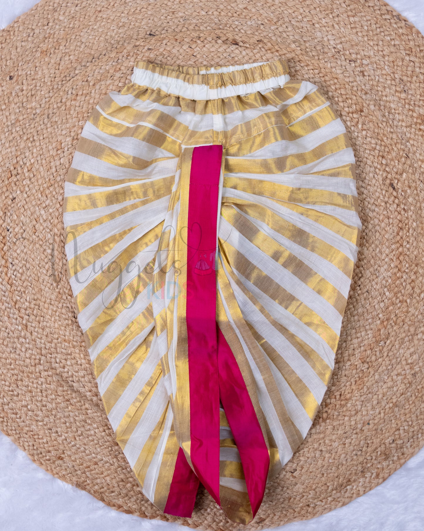 Ready to Ship: Pink Aari Worked Kurta with Checked Dhoti and matching taping border